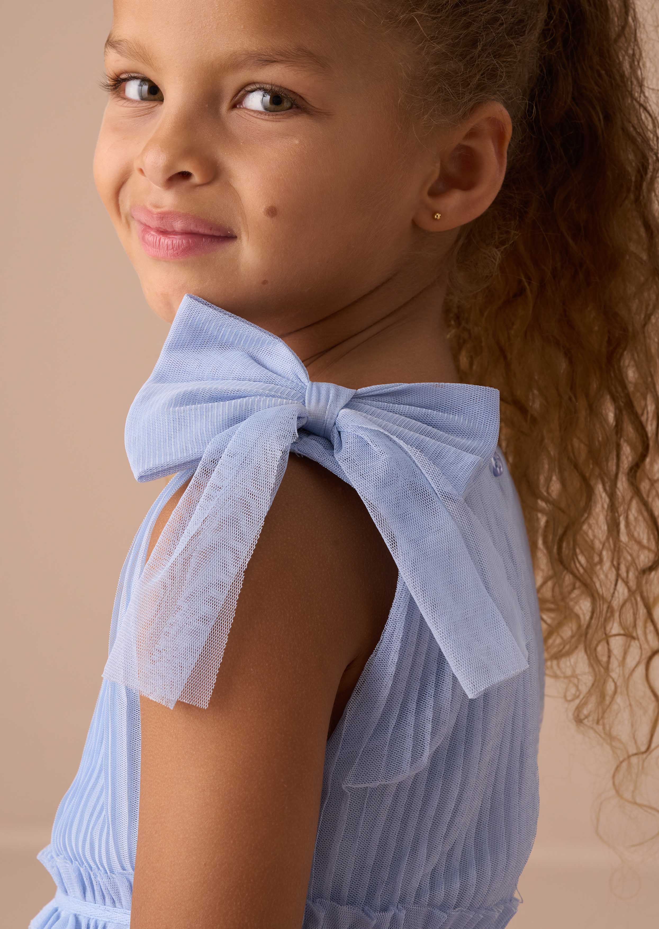 Sleeveless Blue Tulle Bow Dress