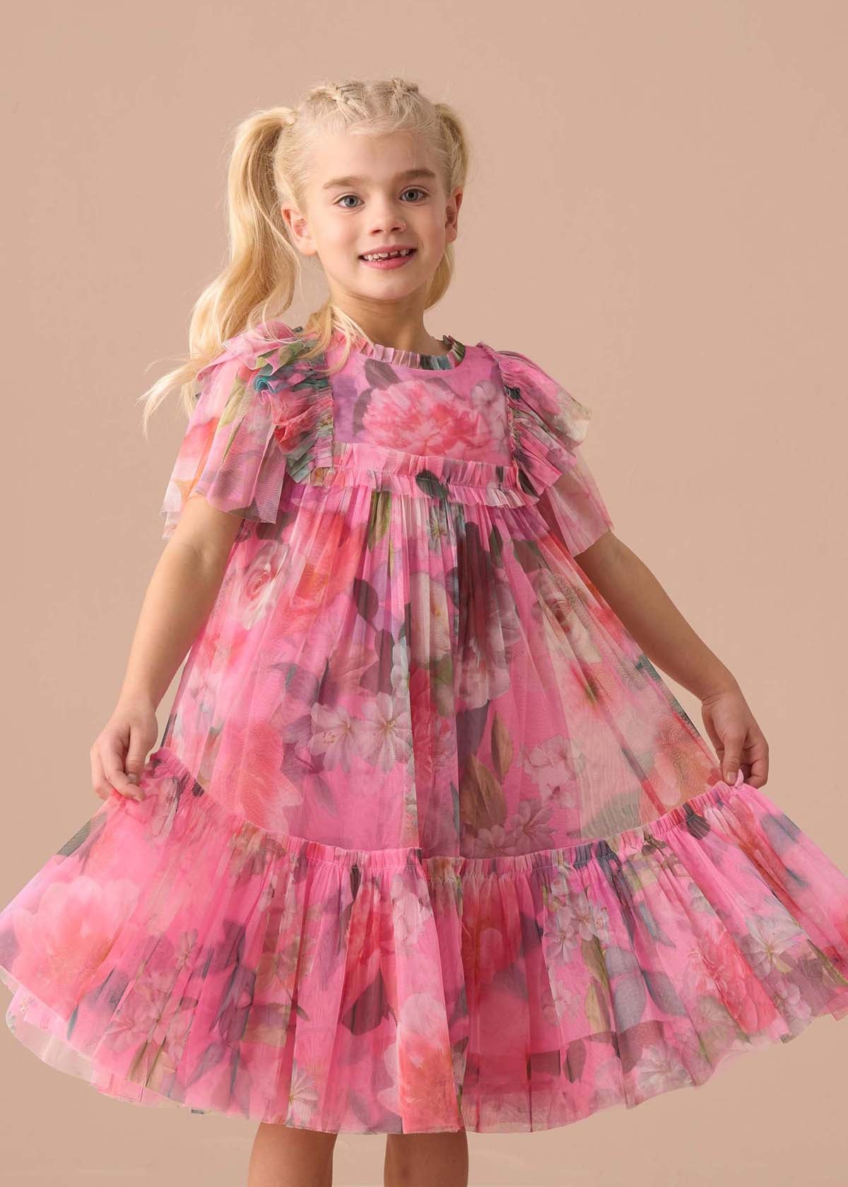 Girls Pink Printed Tulle Dress