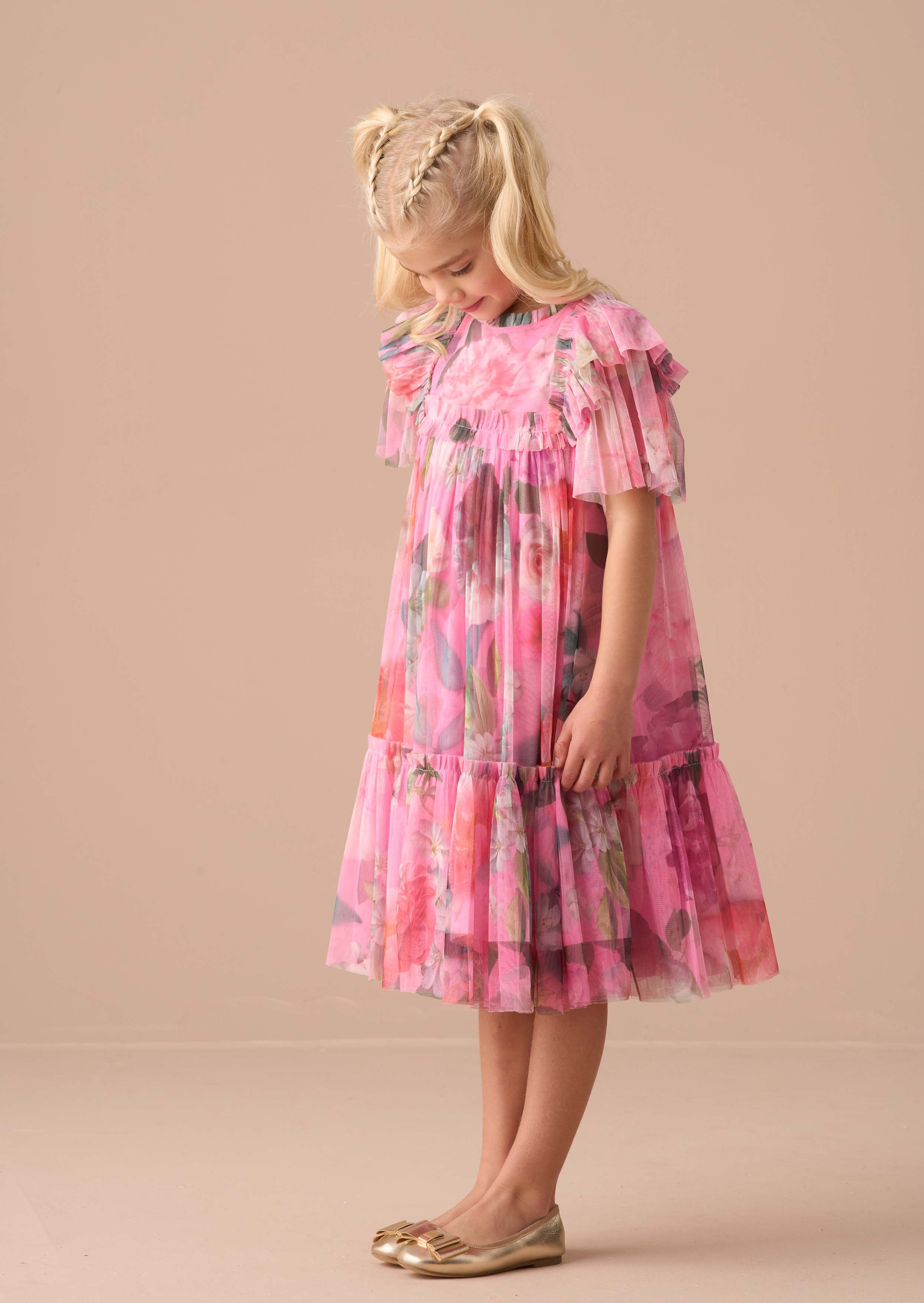 Maxi Girls Pink Printed Tulle Dress