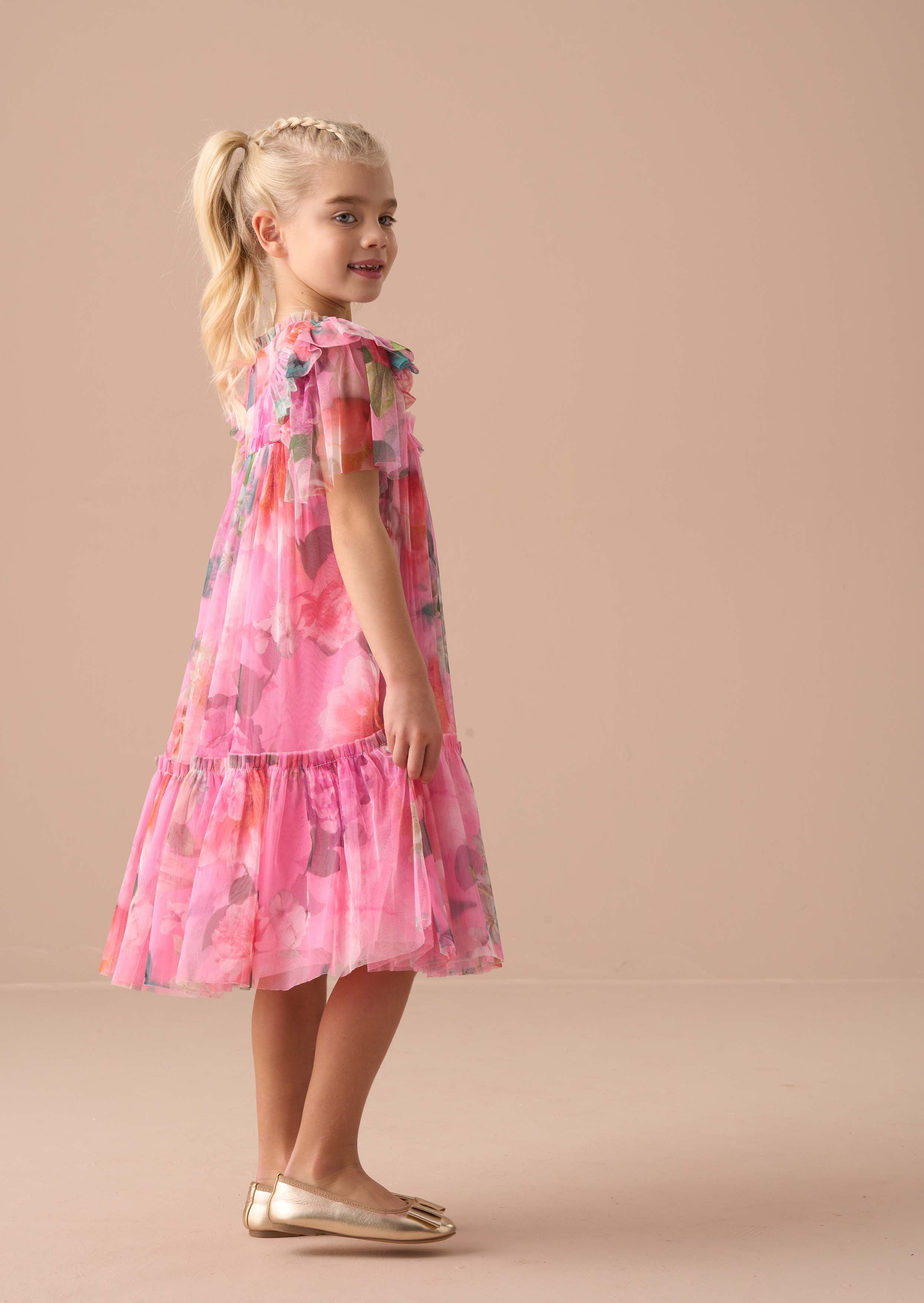 Floral Girls Pink Printed Tulle Dress