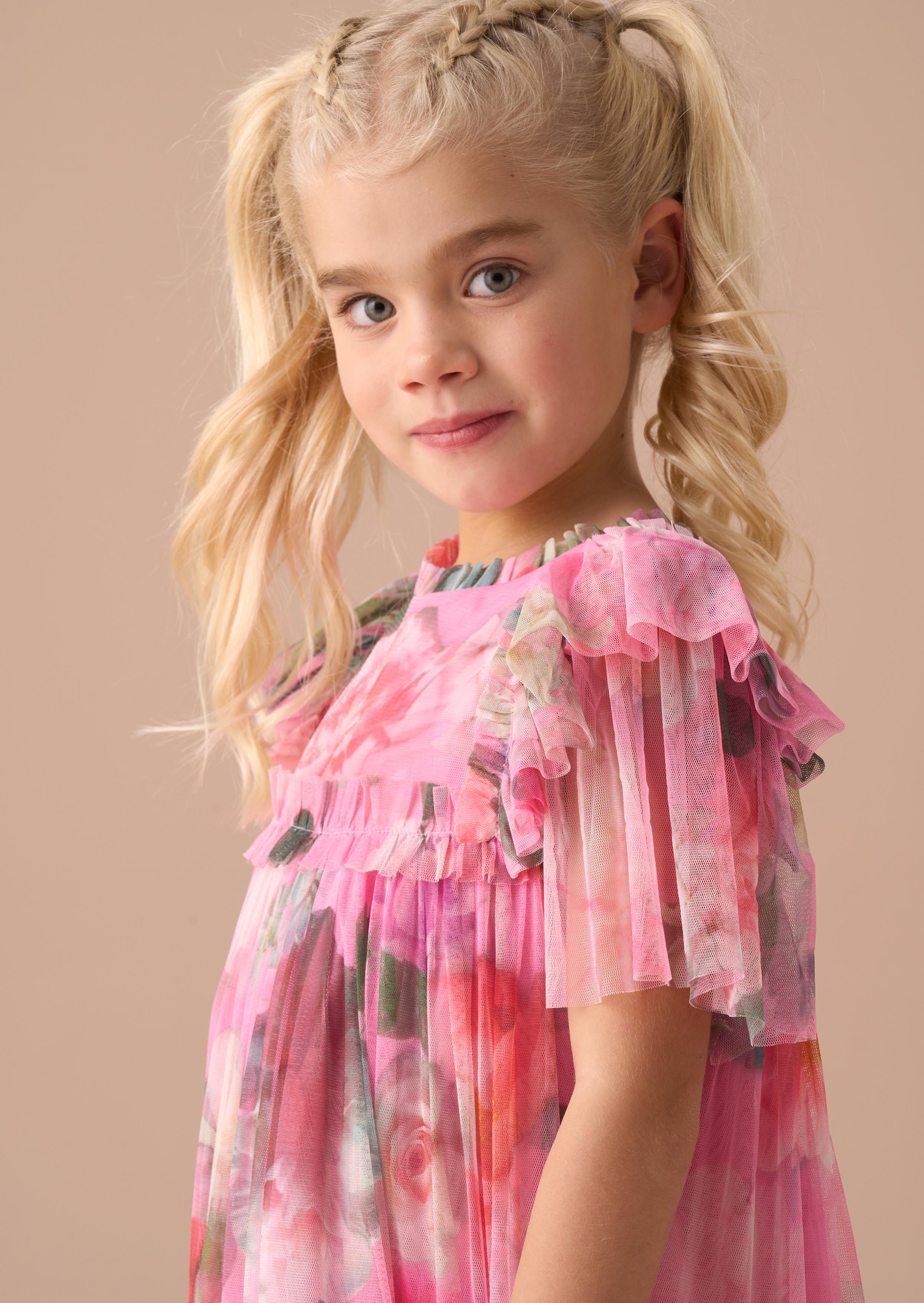 Short Sleeve Girls Pink Printed Tulle Dress