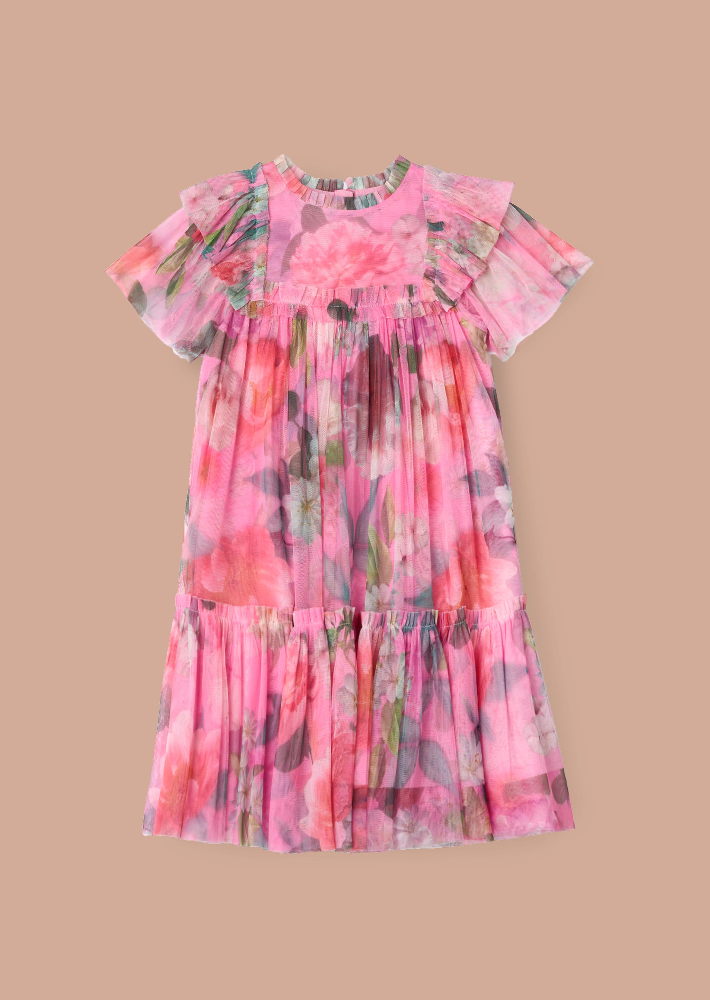 Online Girls Pink Printed Tulle Dress