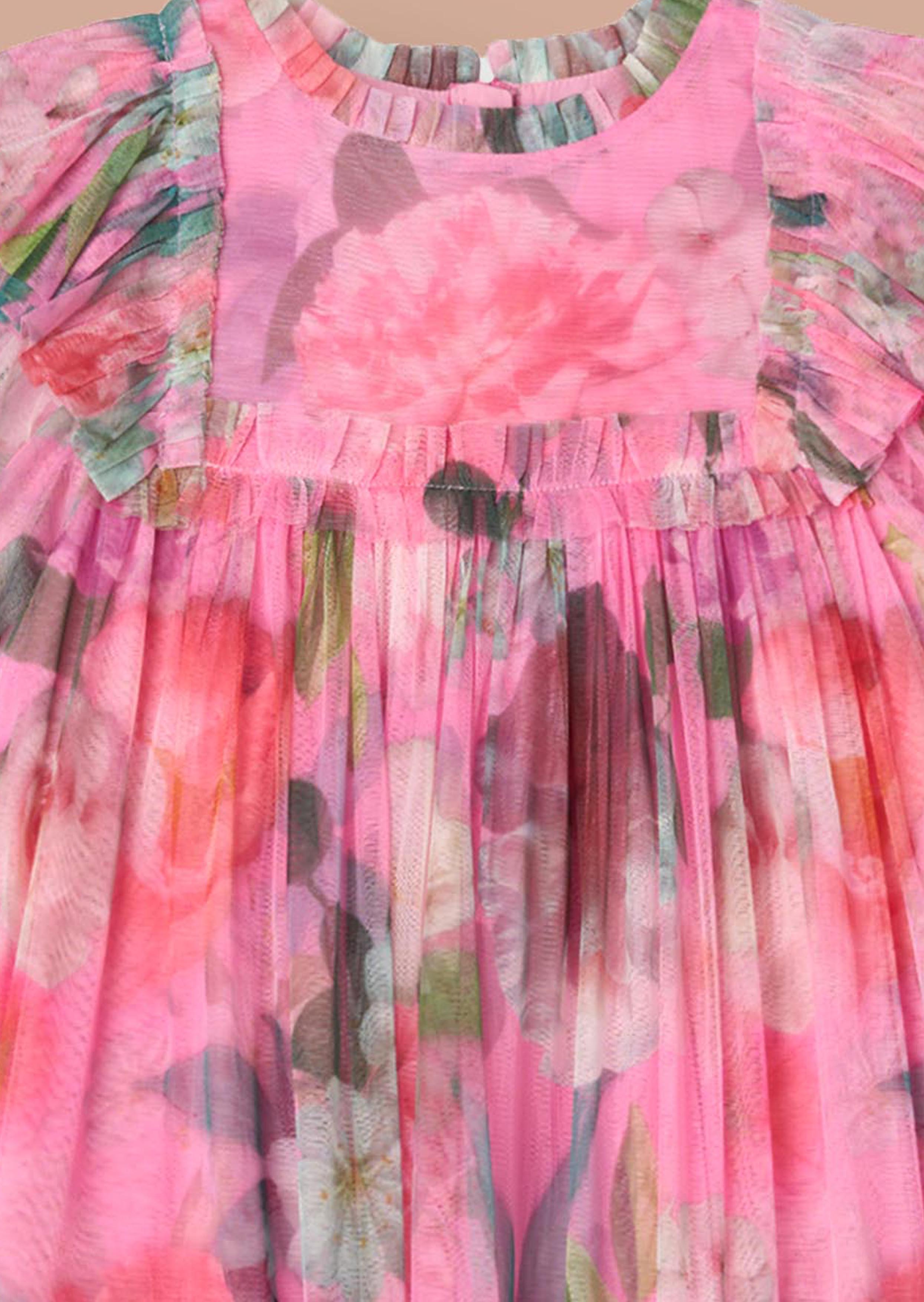 Round Neck Girls Pink Printed Tulle Dress