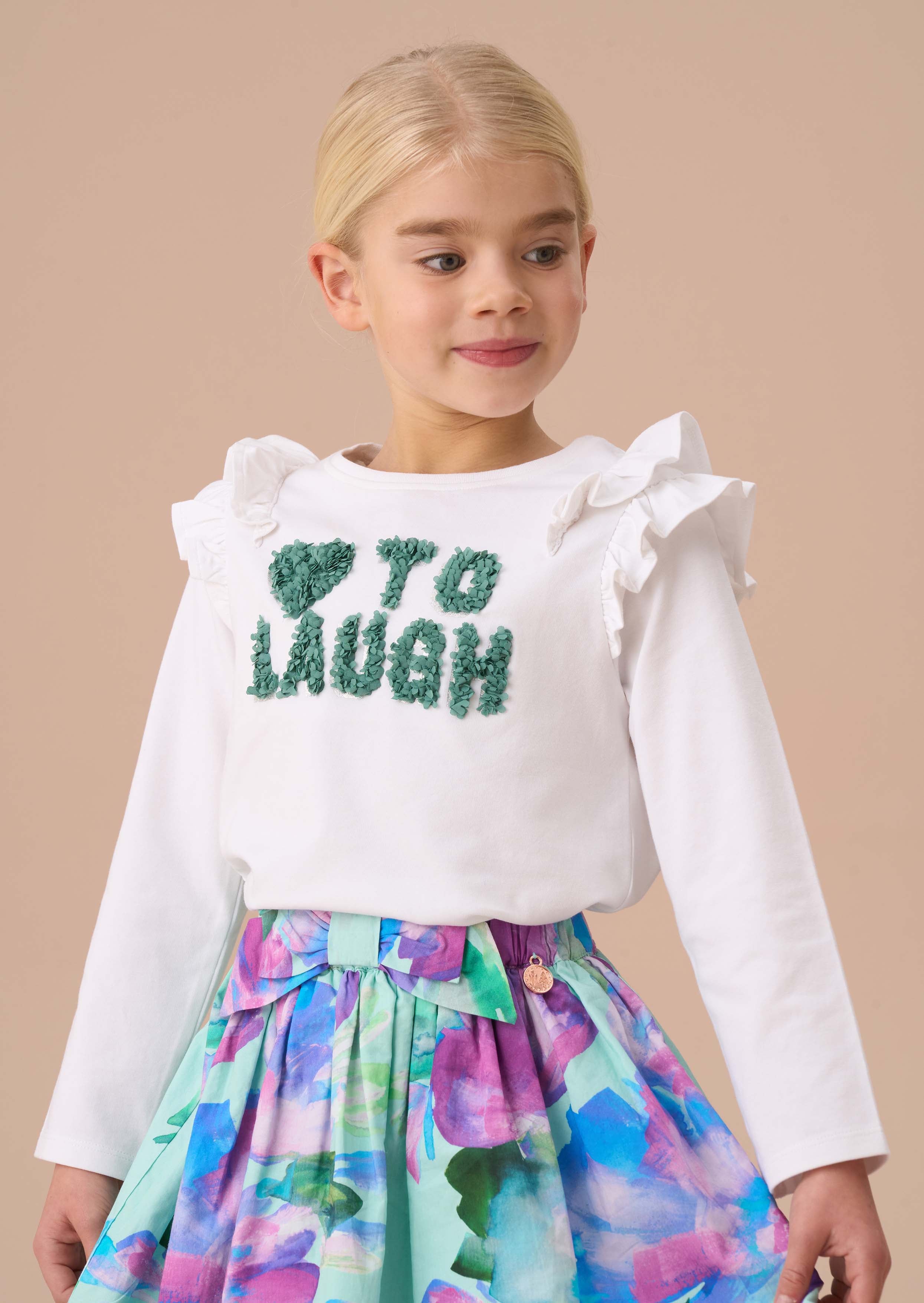 Girls White Long Sleeve Frill Shoulder Top