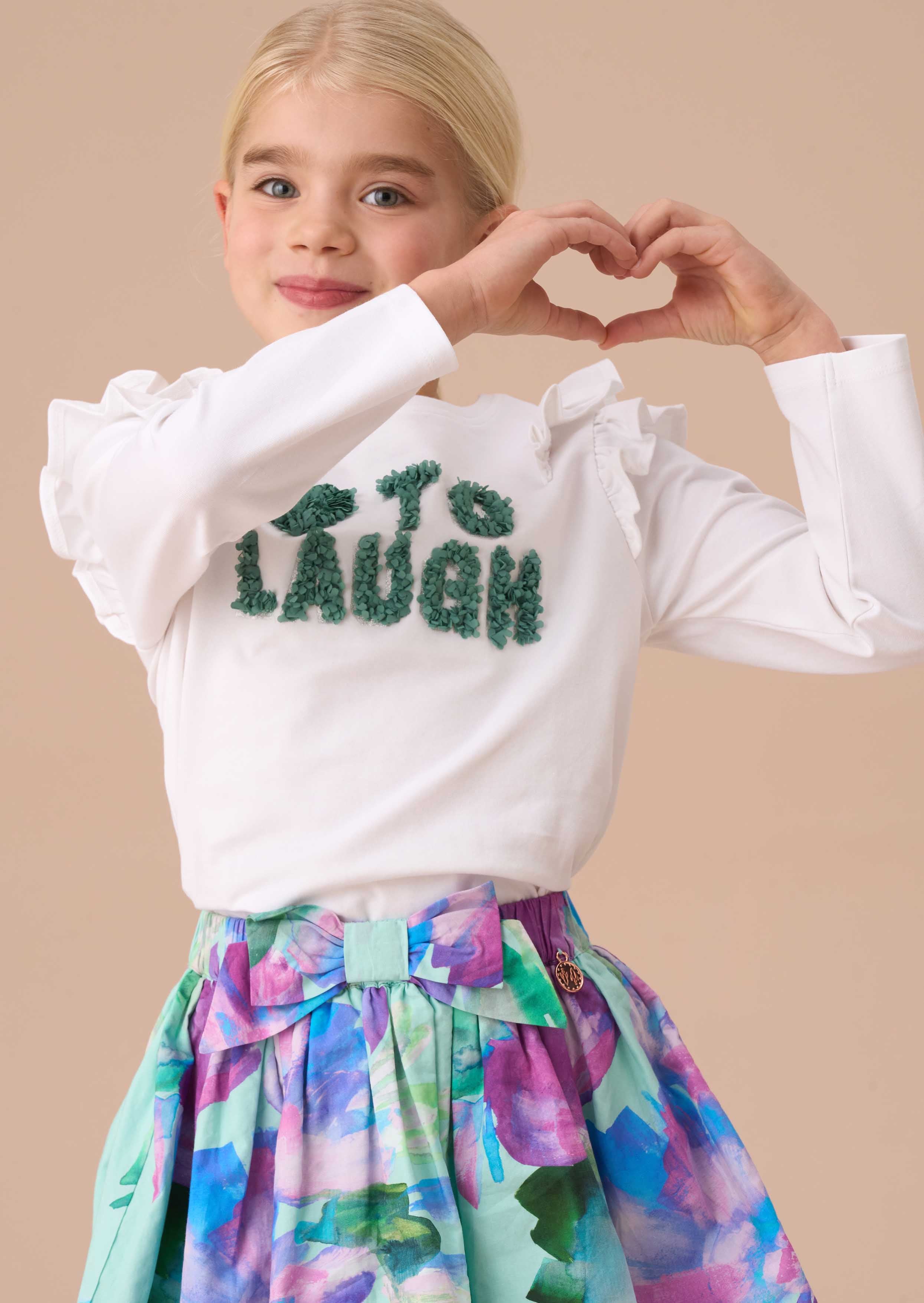 Round Neck White Long Sleeve Frill Shoulder Top