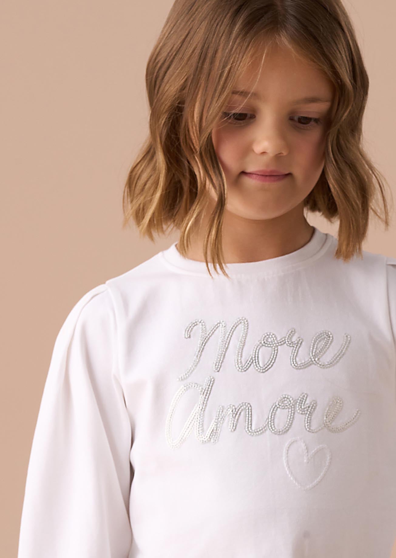 Long Sleeve Girls White Sequin Slogan Top