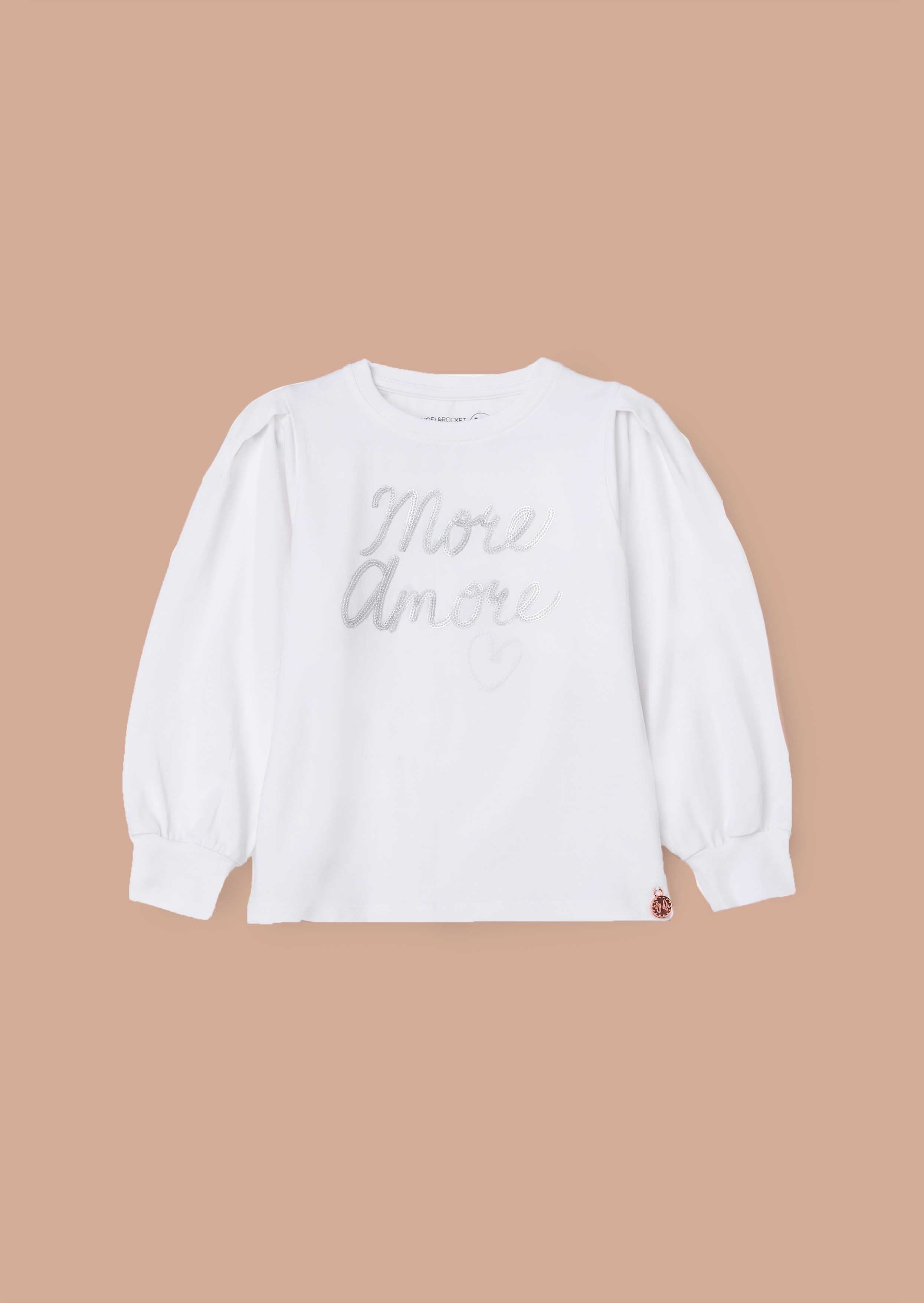 Round Neck Girls White Sequin Slogan Top