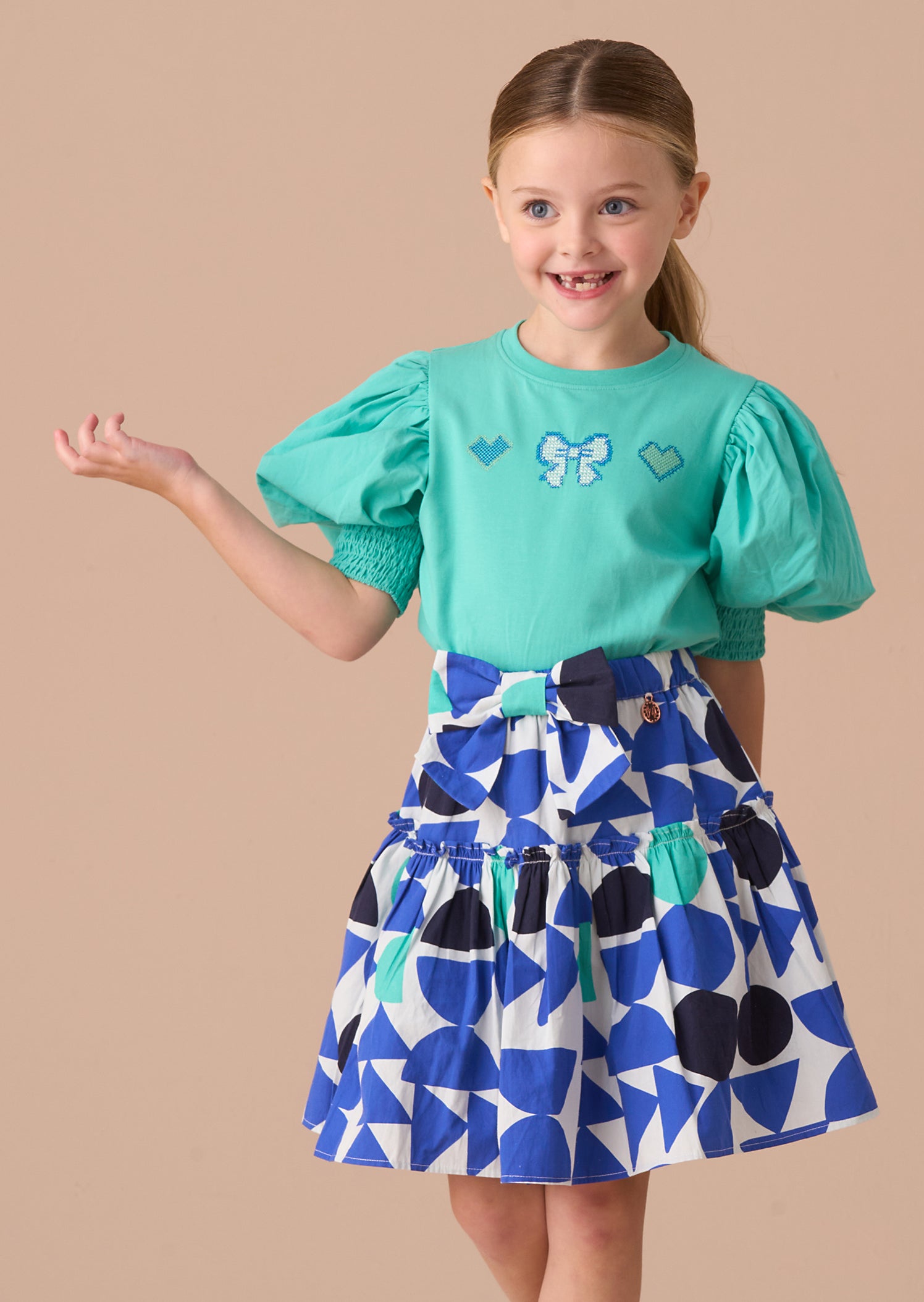 Solid Girls Green Puff Sleeve Top