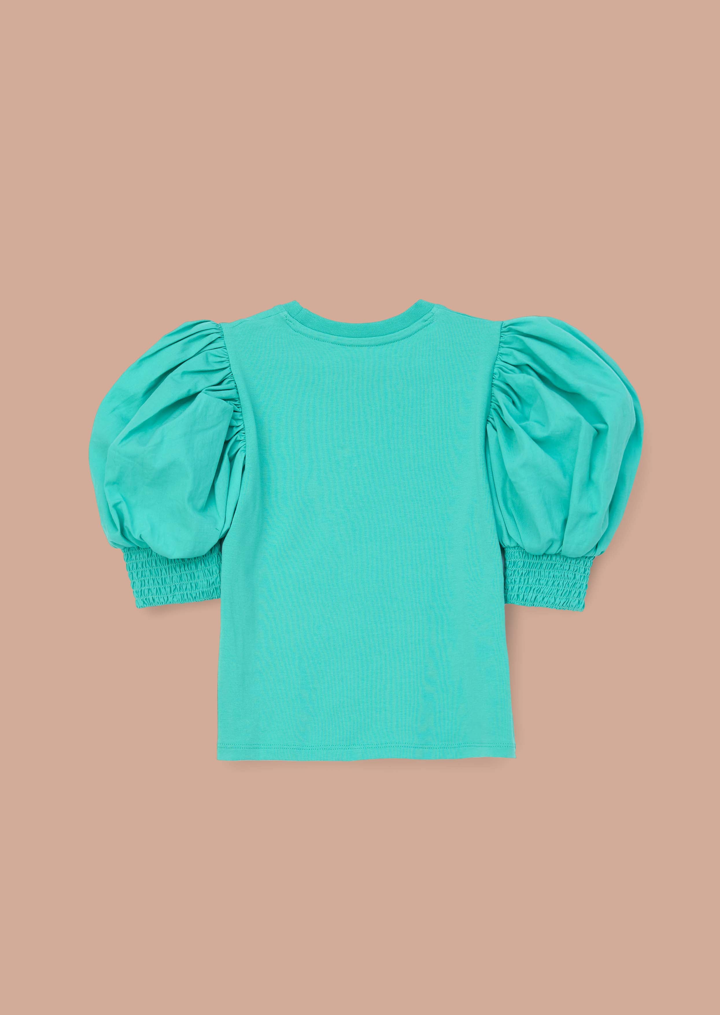 Round Neck Girls Green Puff Sleeve Top