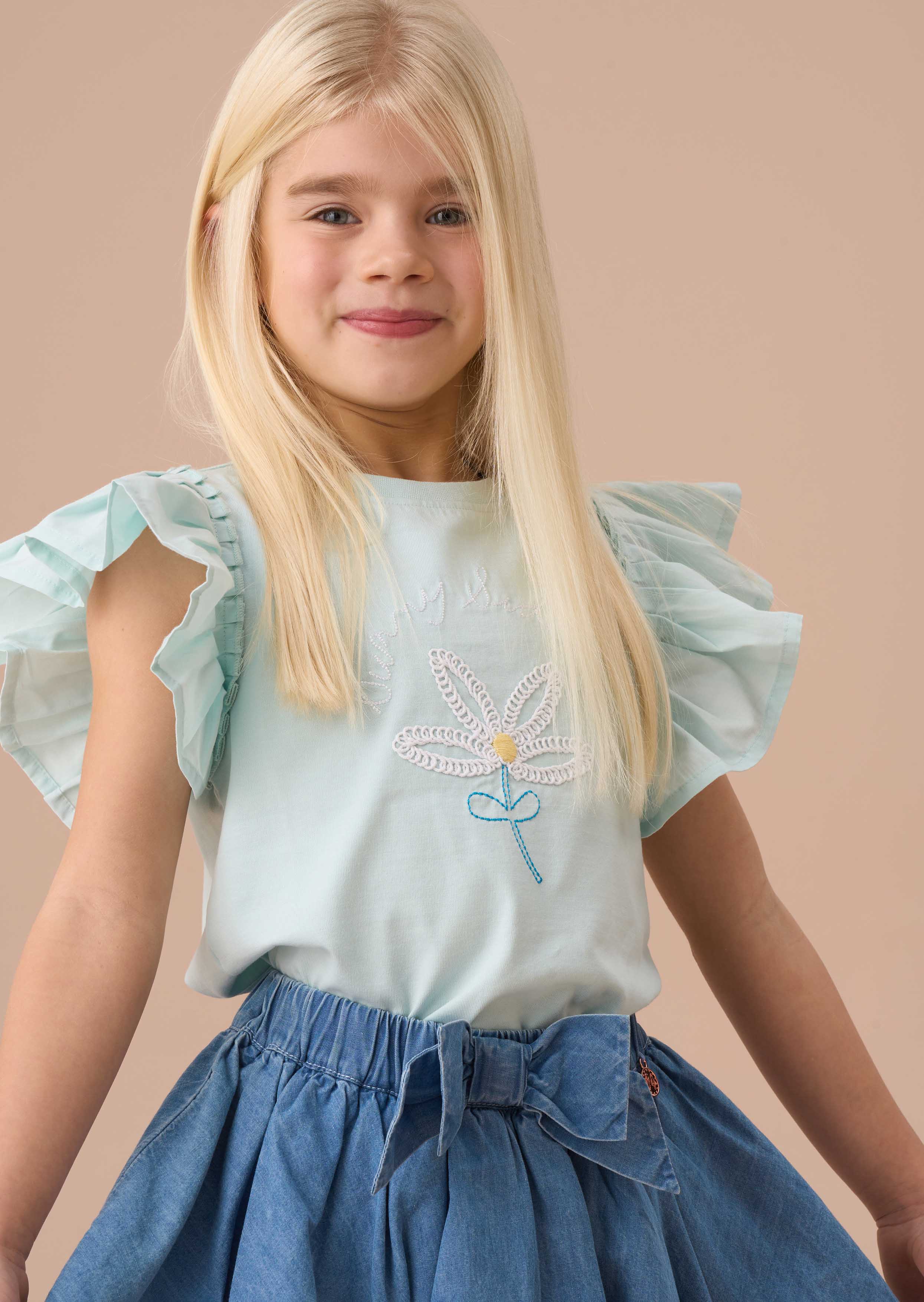 Girls Blue Pleat Sleeve Top