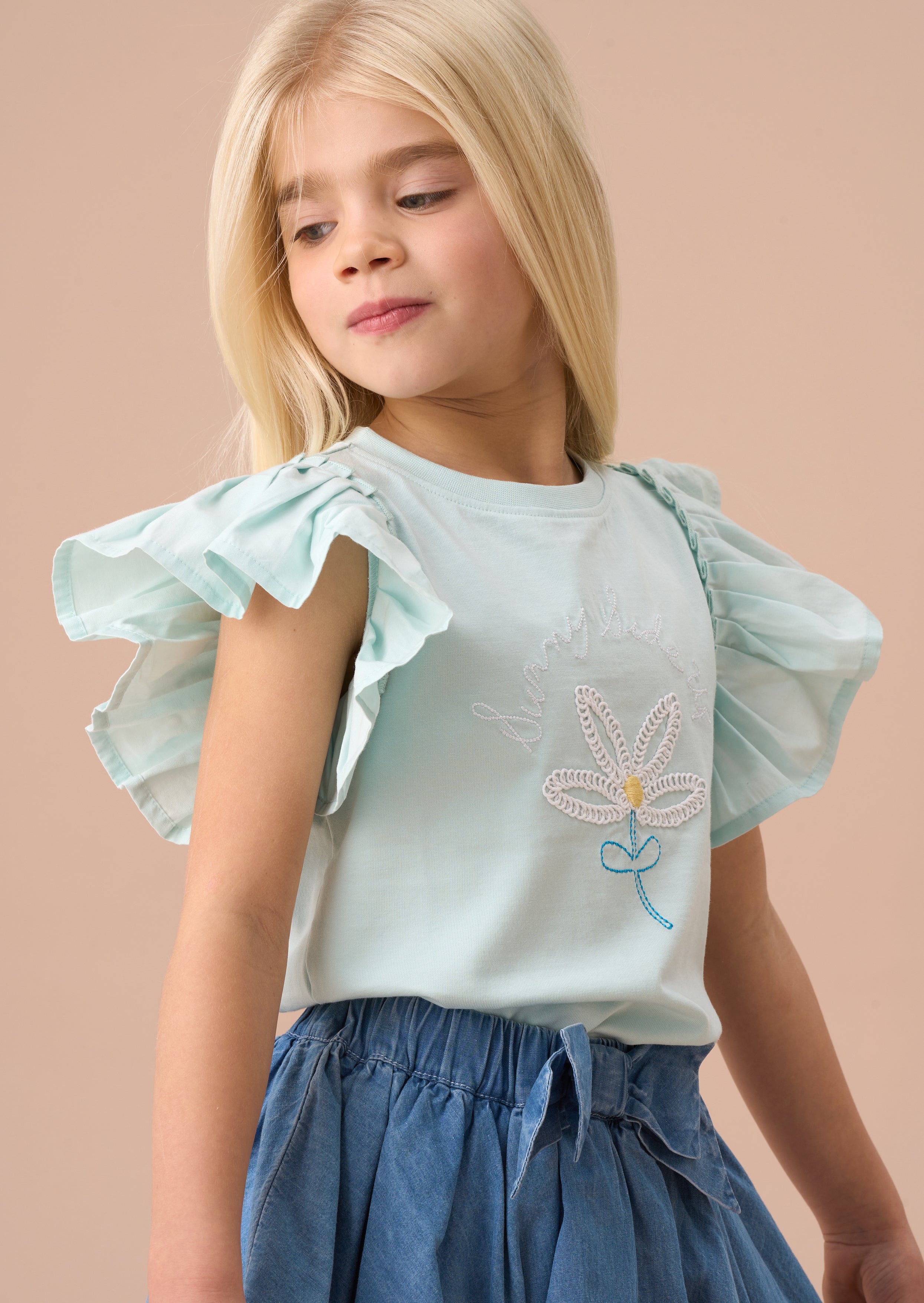 Cotton Girls Blue Pleat Sleeve Top