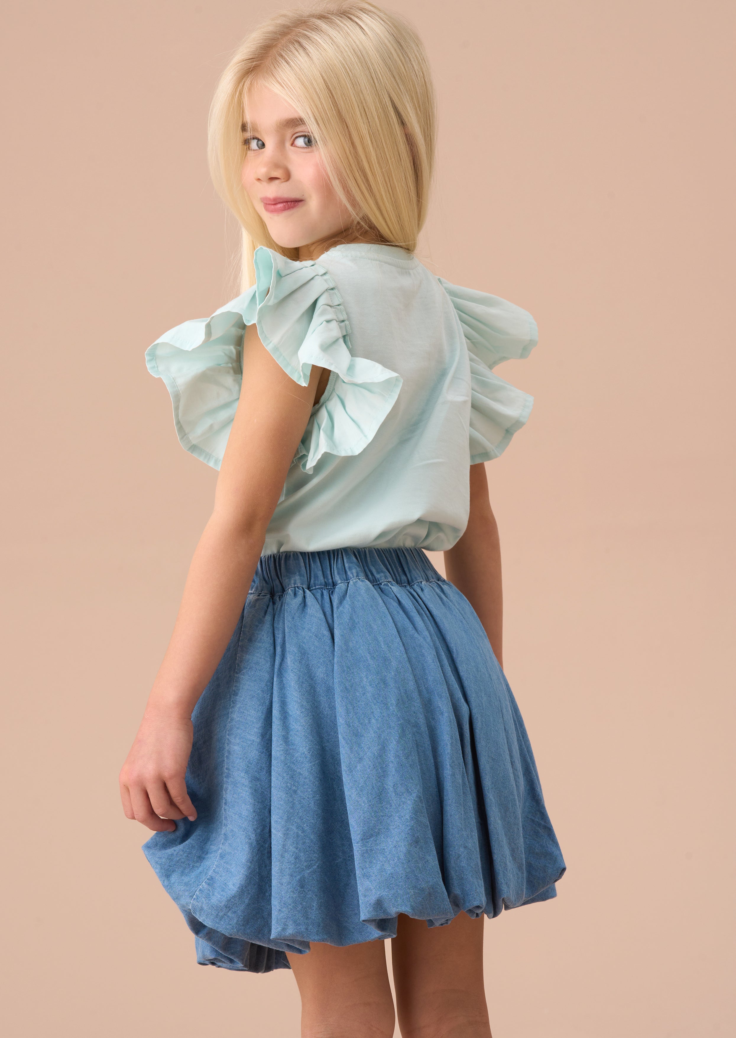 Floral Girls Blue Pleat Sleeve Top