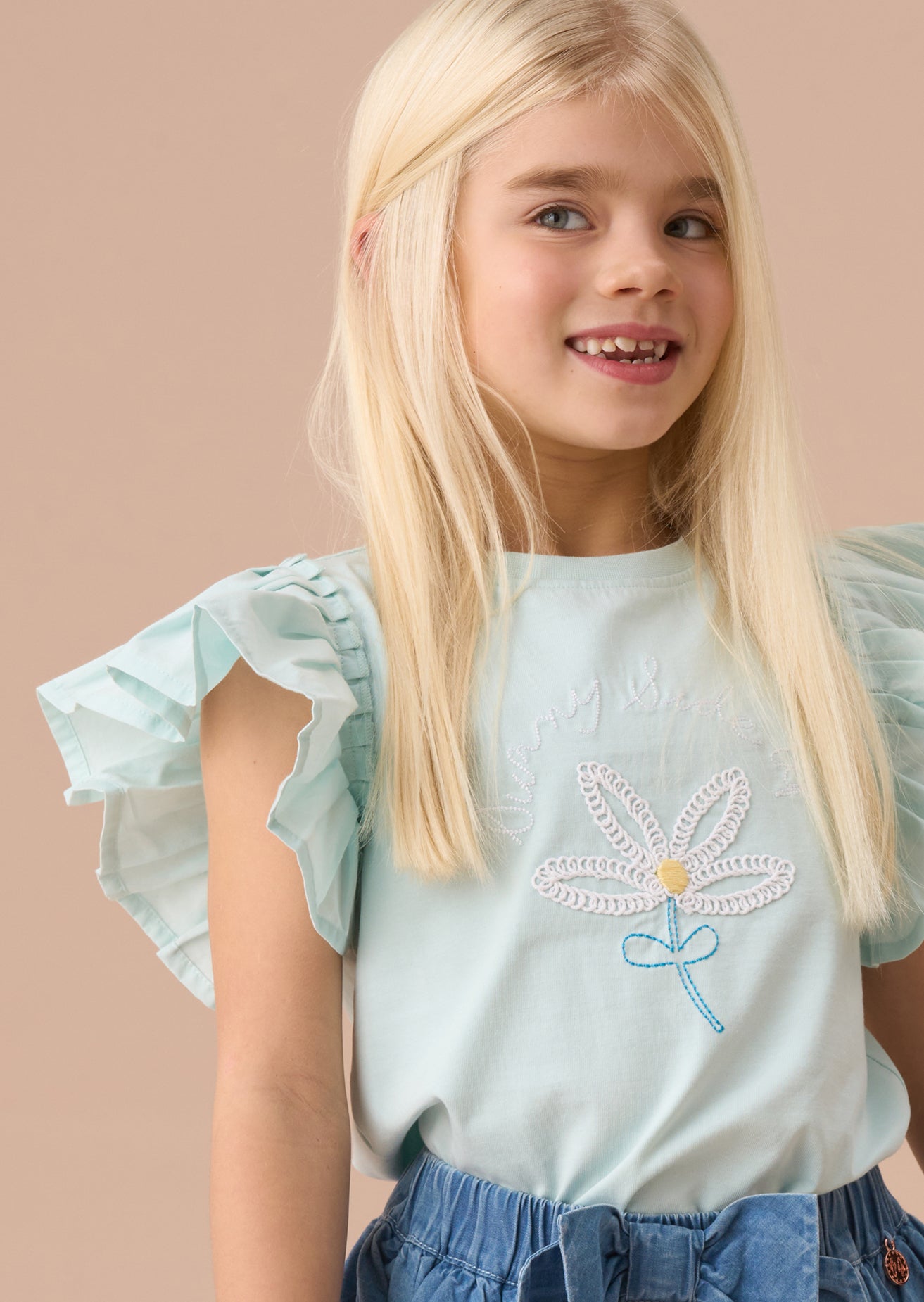 Short Sleeve Girls Blue Pleat Top