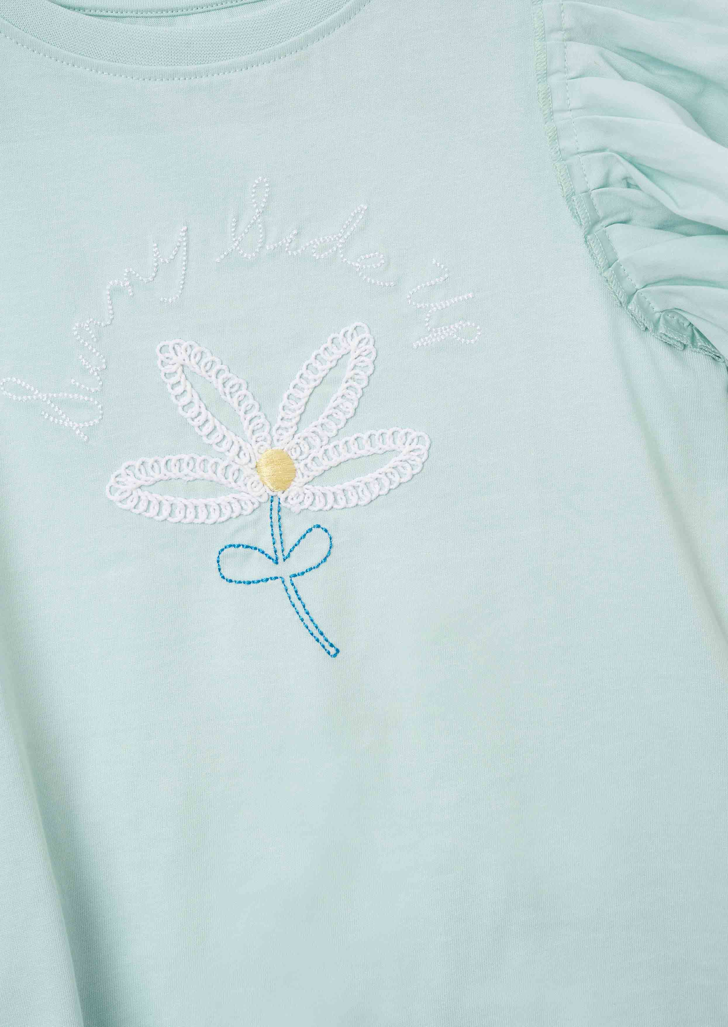 Embroidered Girls Blue Pleat Sleeve Top