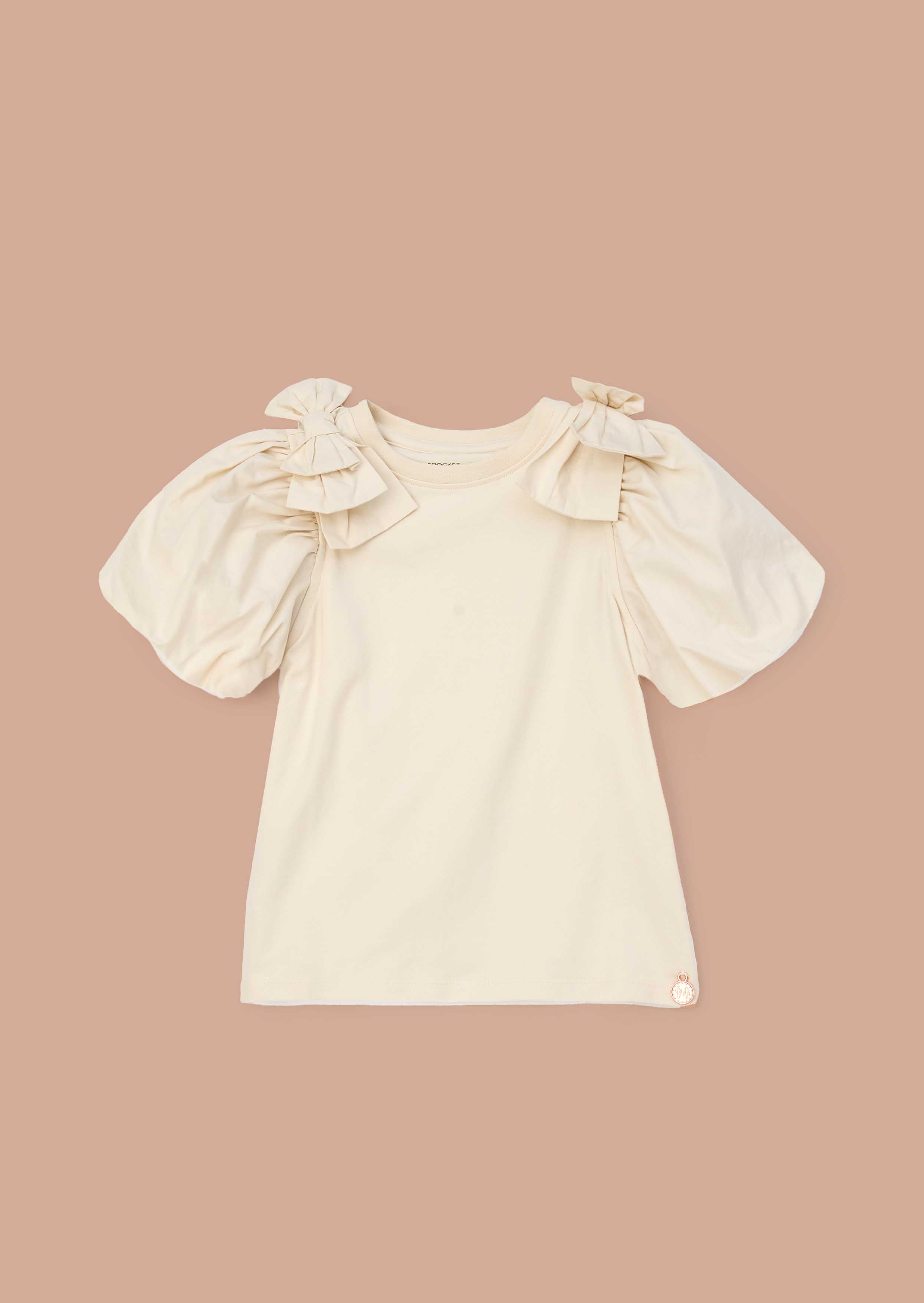 Solid Girls Ivory Bow Shoulder Puff Sleeve Top