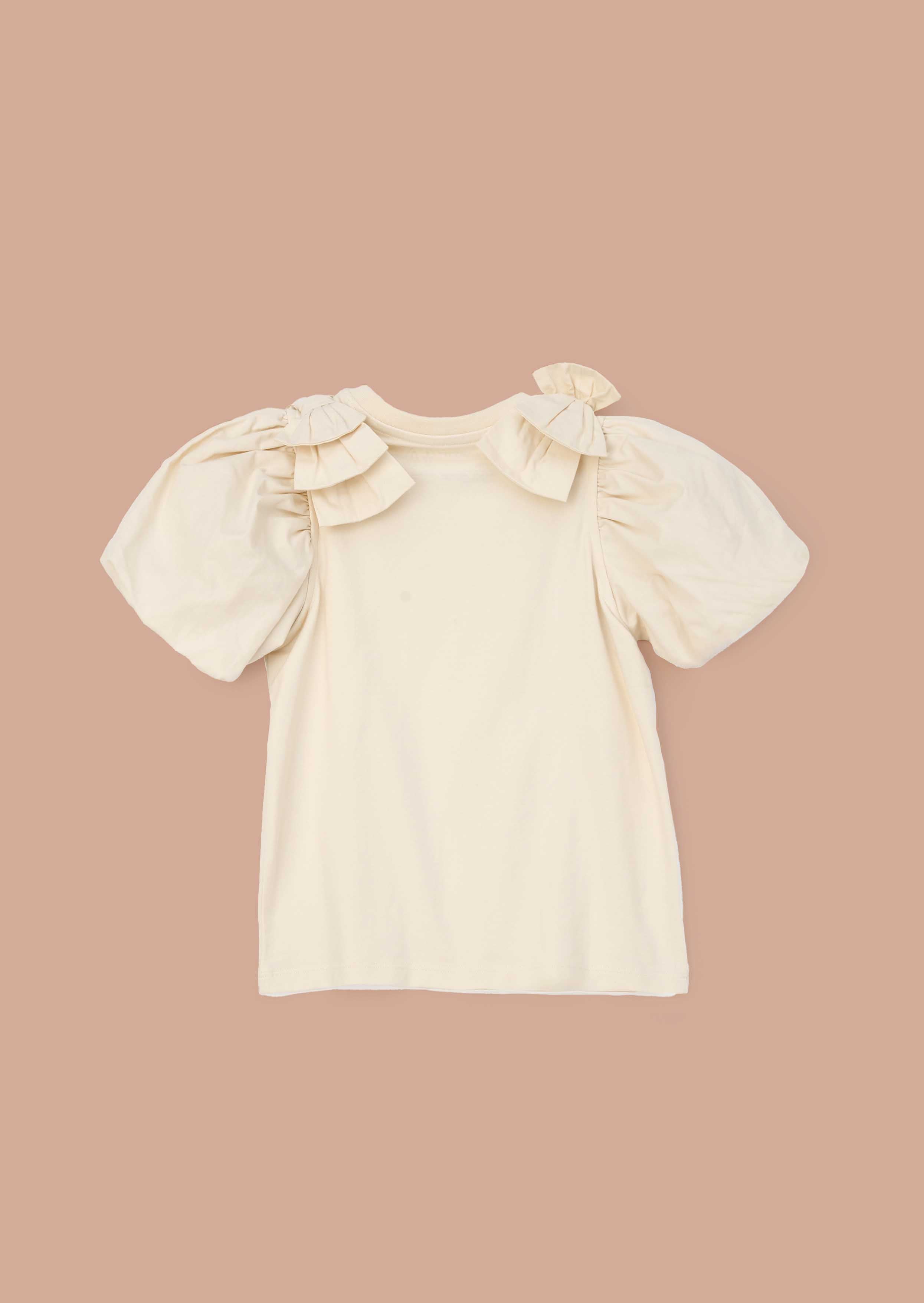 Puff Short Sleeve Girls Ivory Bow Shoulder Top