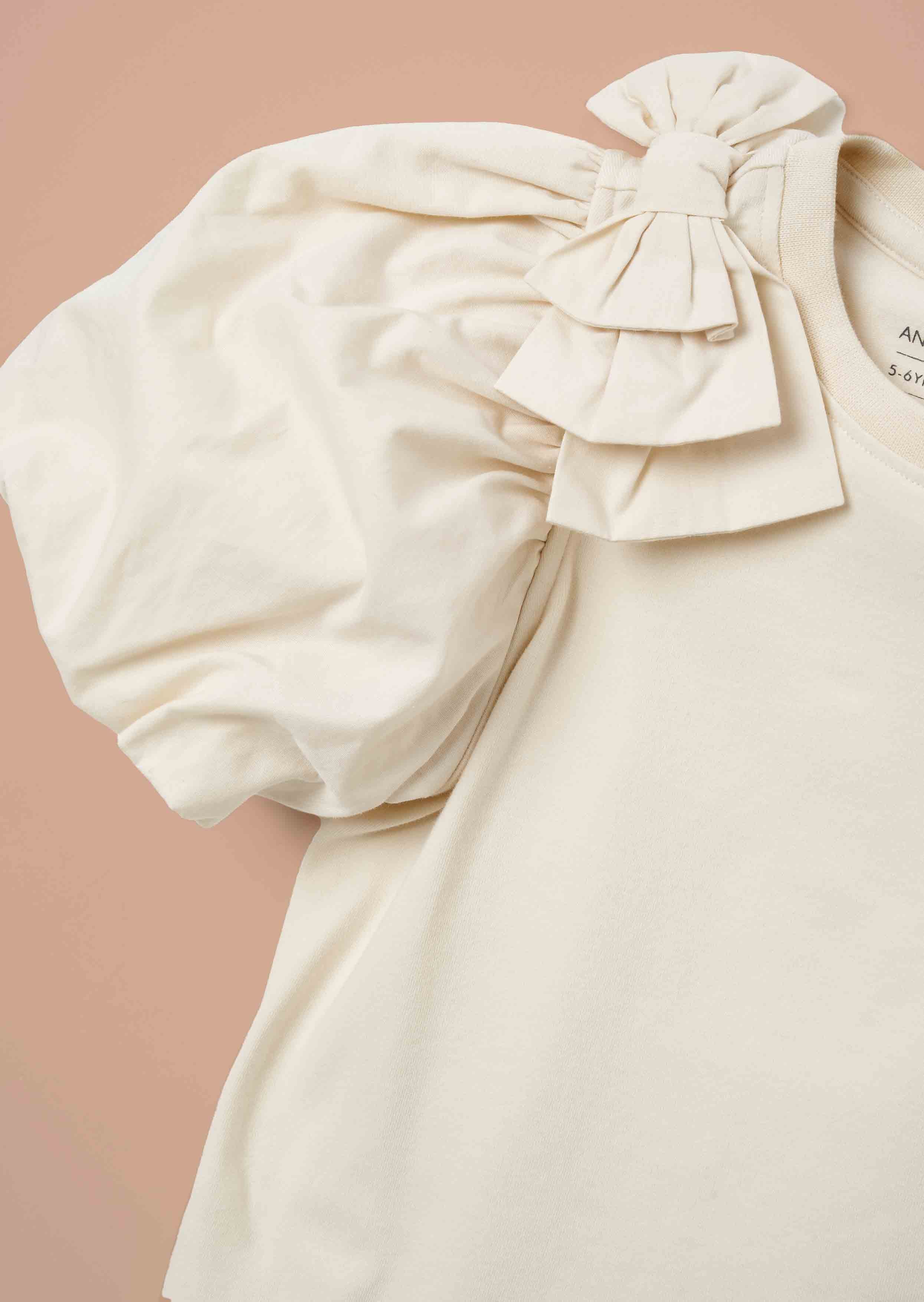 Little Girls Ivory Bow Shoulder Puff Sleeve Top