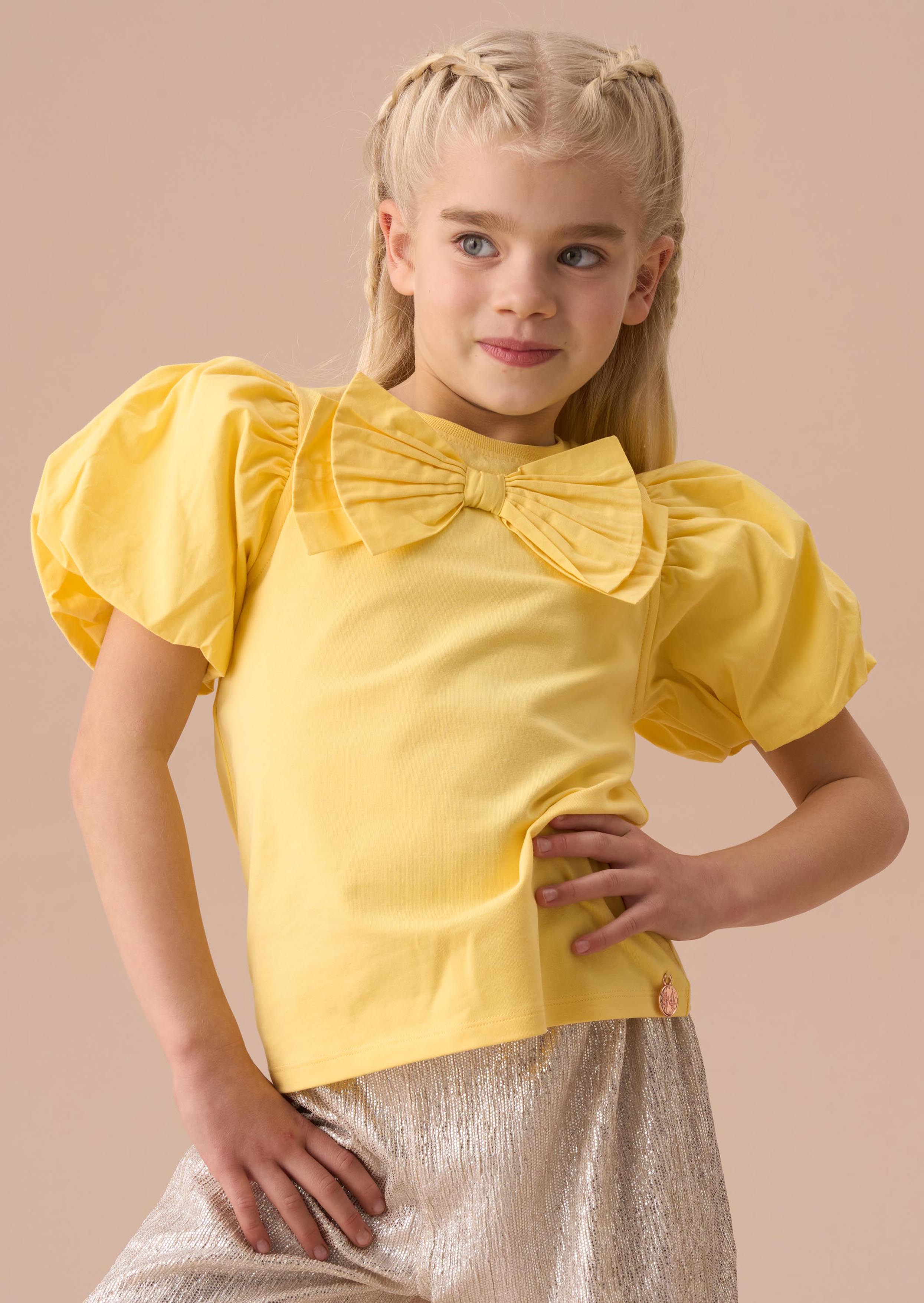 Girls Yellow Bow Puff Sleeve Top