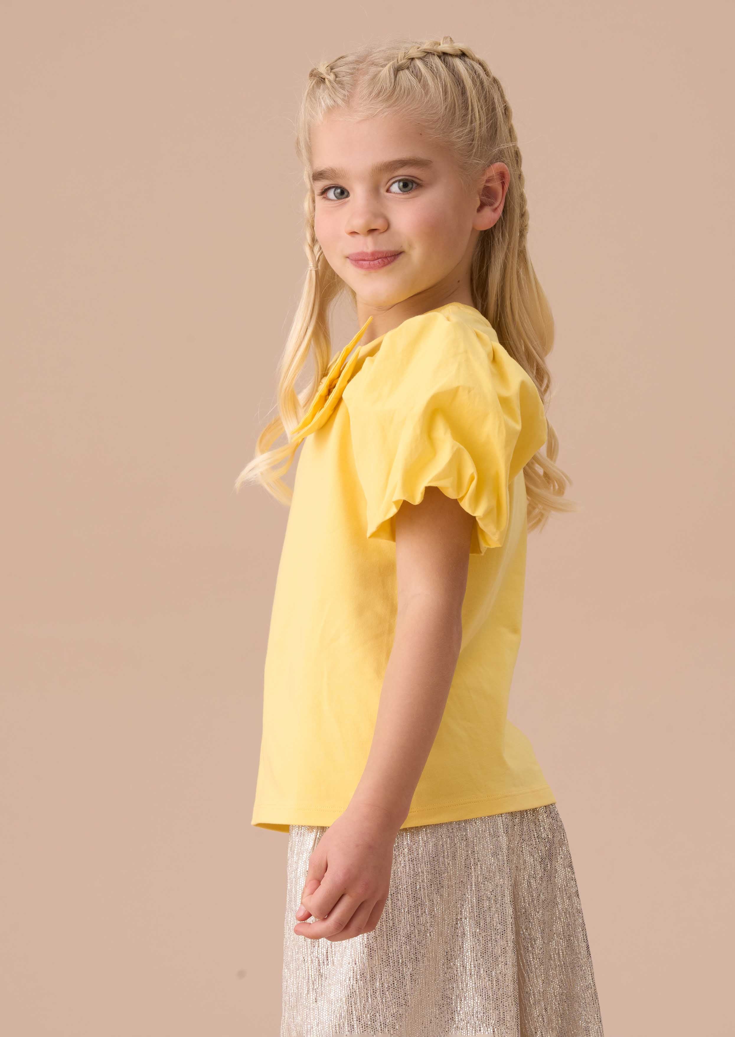 Cotton Girls Yellow Bow Puff Sleeve Top