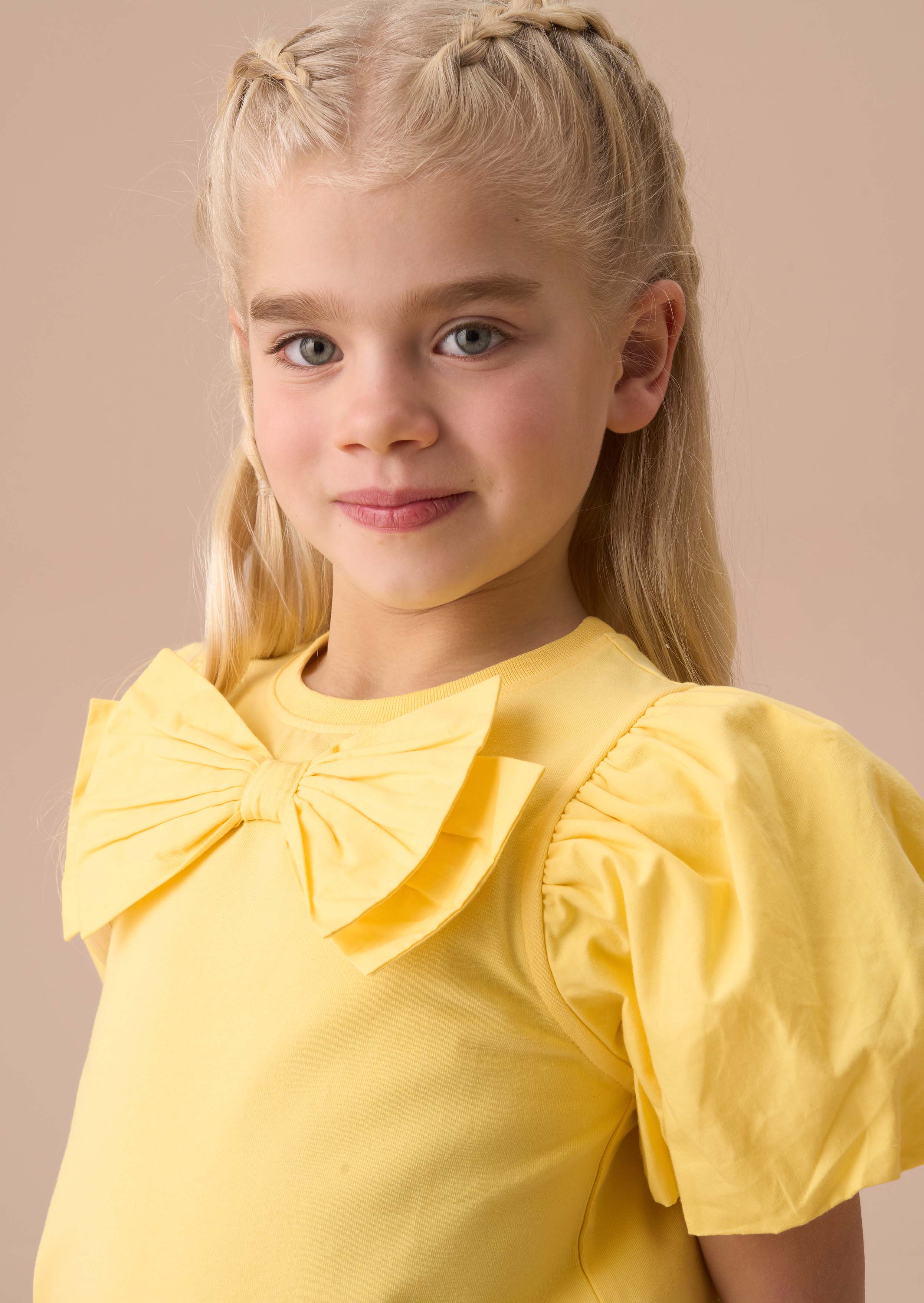 Short Sleeve Girls Yellow Bow Puff Sleeve Top