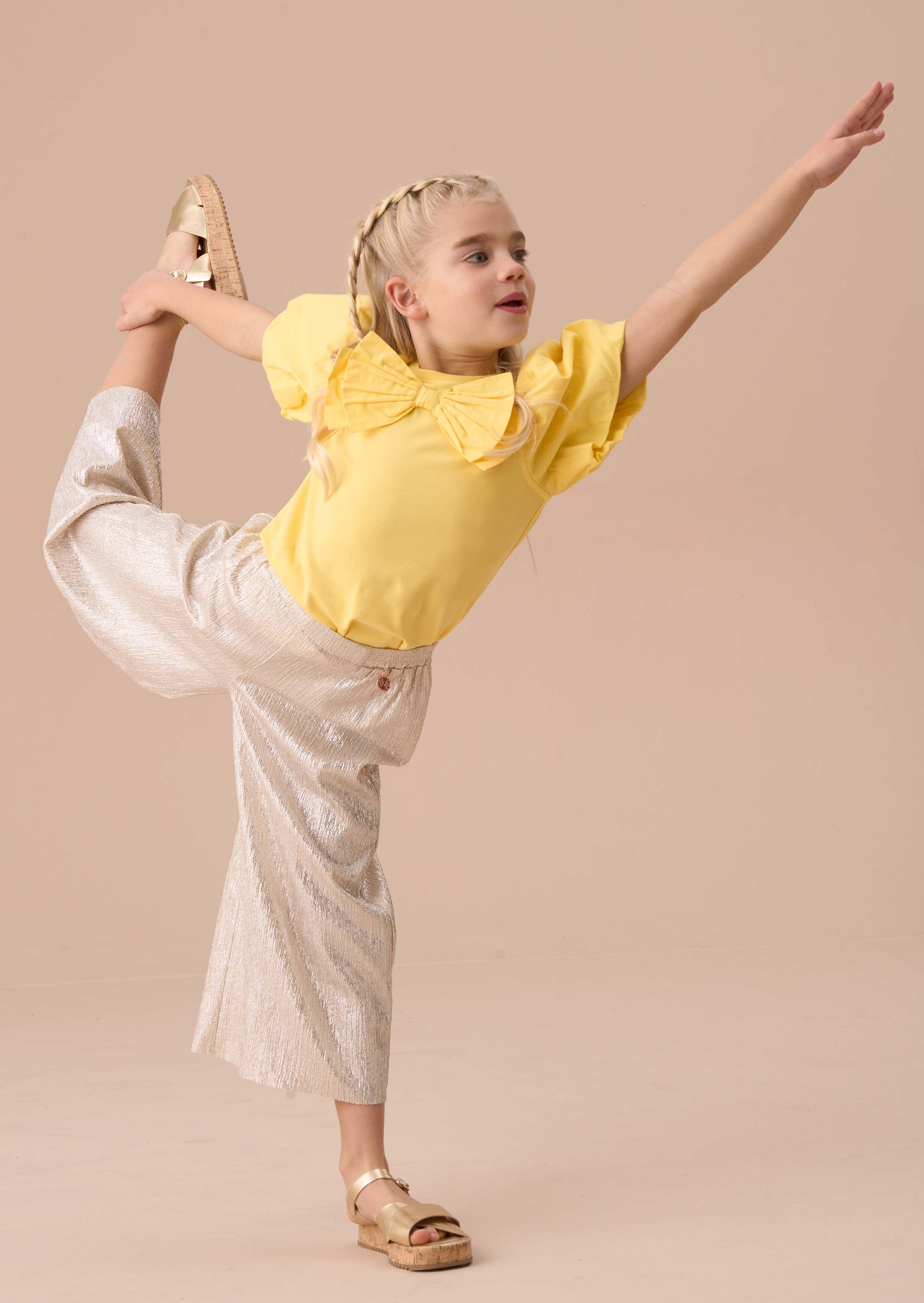 Online Girls Yellow Bow Puff Sleeve Top