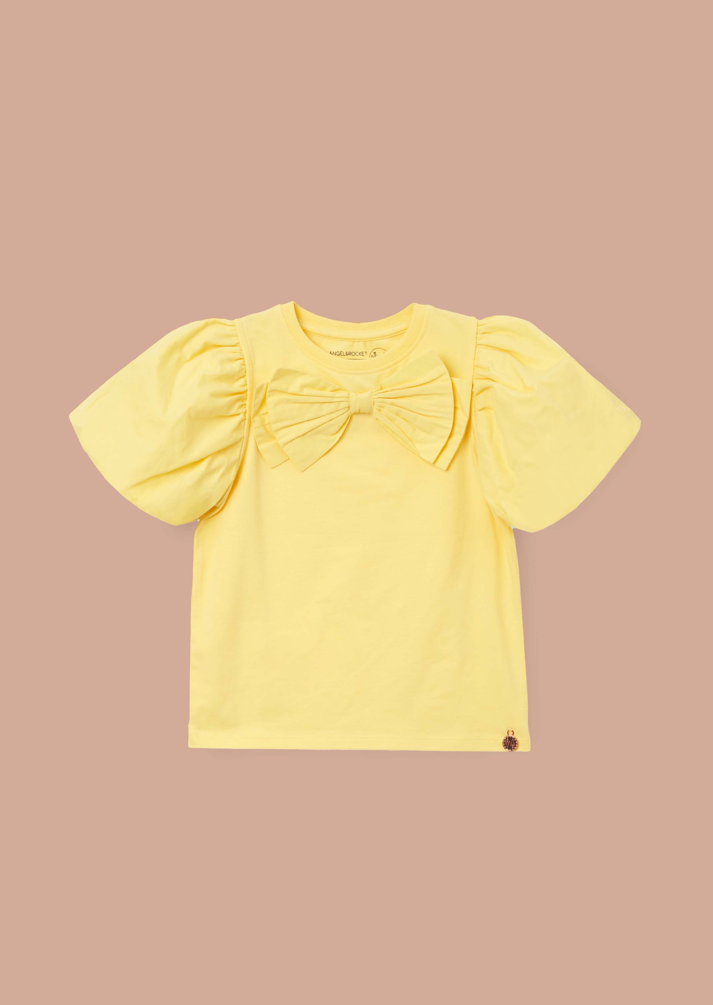 Round Neck Girls Yellow Bow Puff Sleeve Top