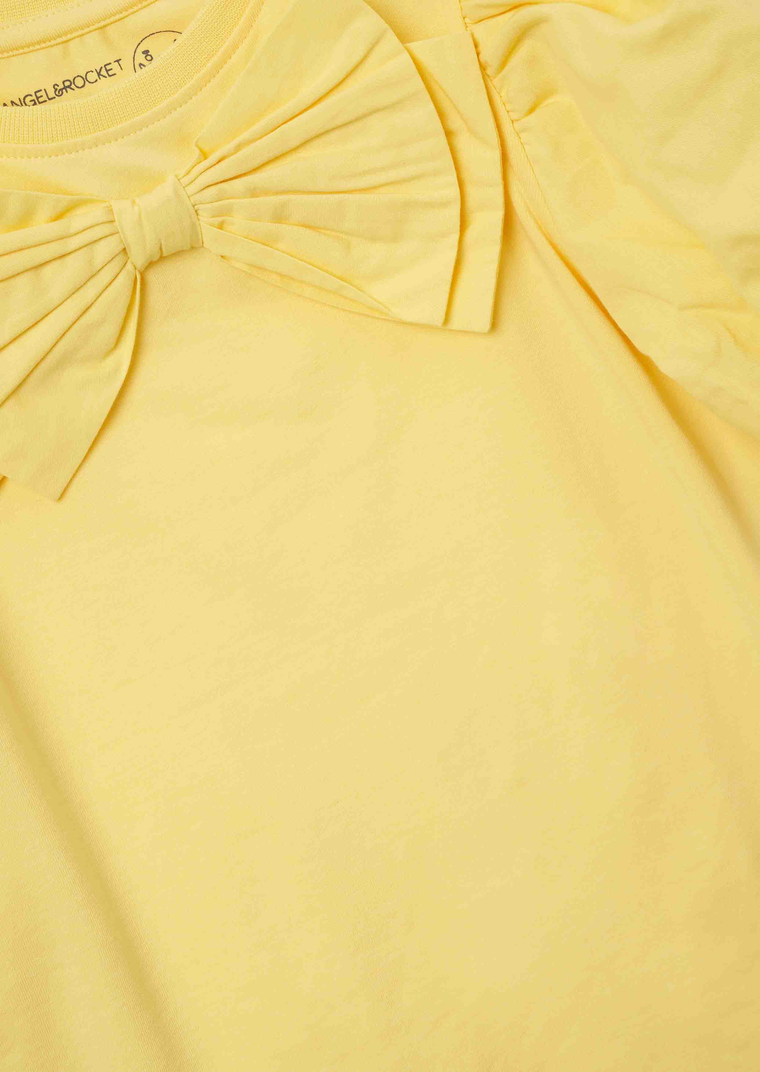 Solid Girls Yellow Bow Puff Sleeve Top