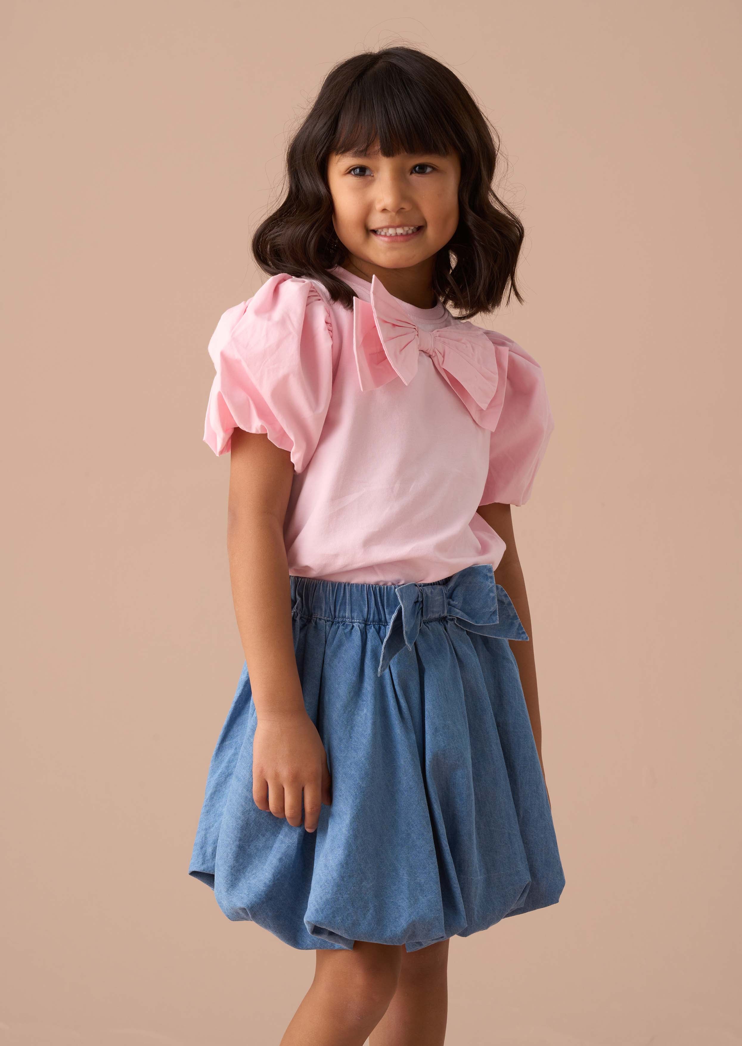 Short Sleeve Girls Pink Bow Puff Sleeve Top