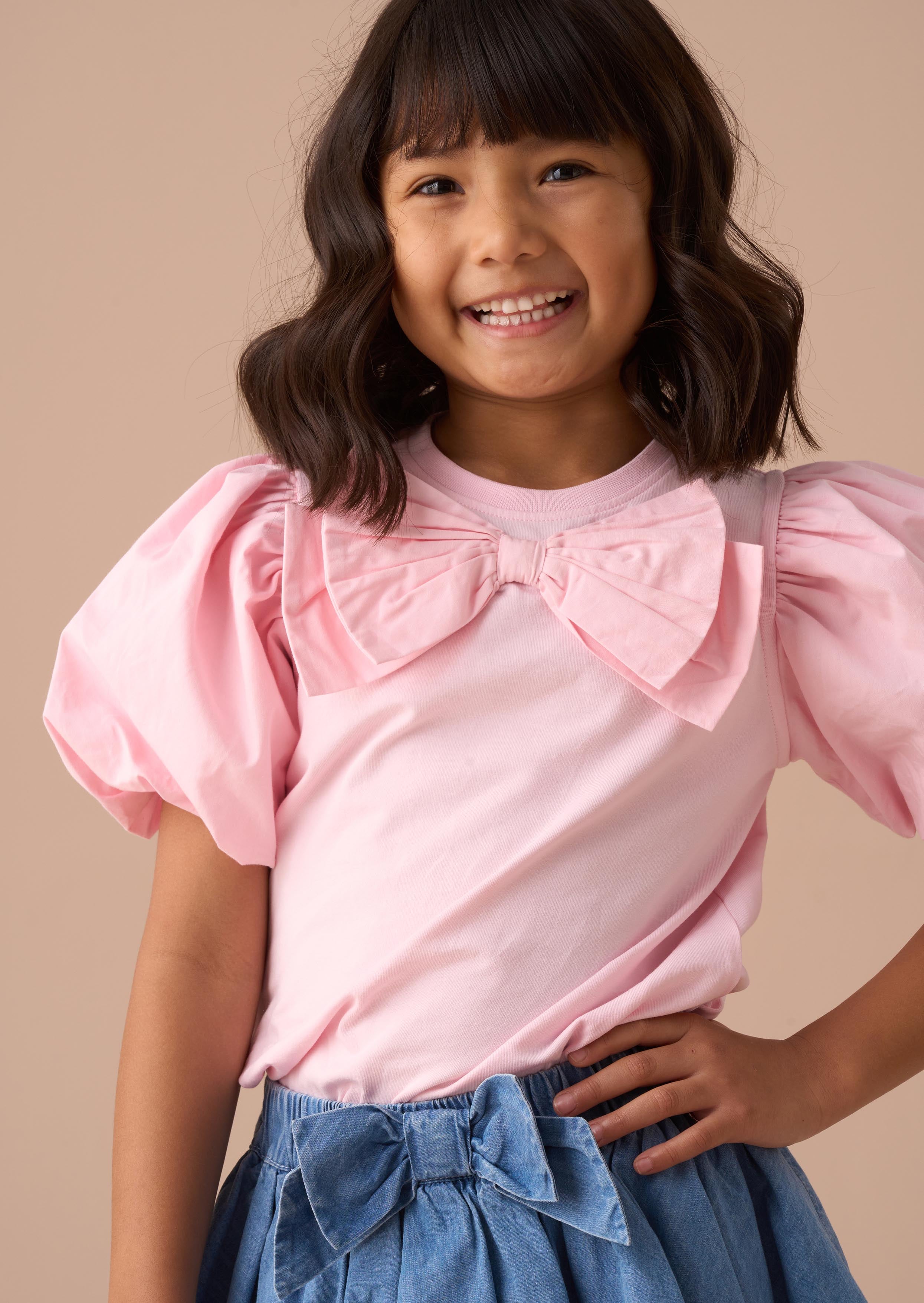 Outfit Girls Pink Bow Puff Sleeve Top