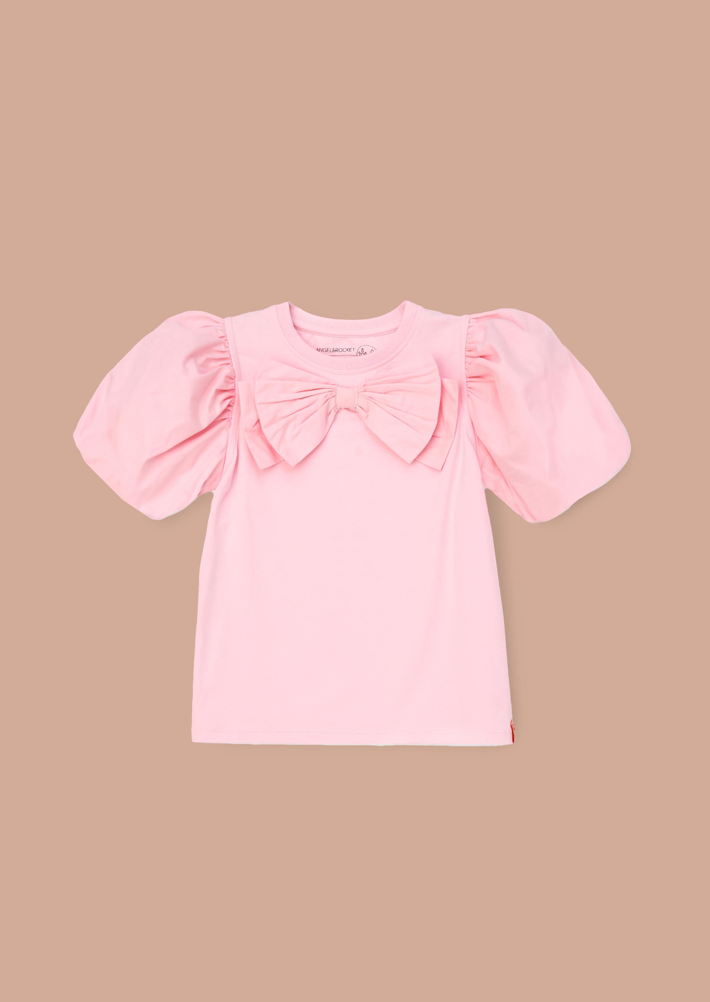 Cotton Girls Pink Bow Puff Sleeve Top