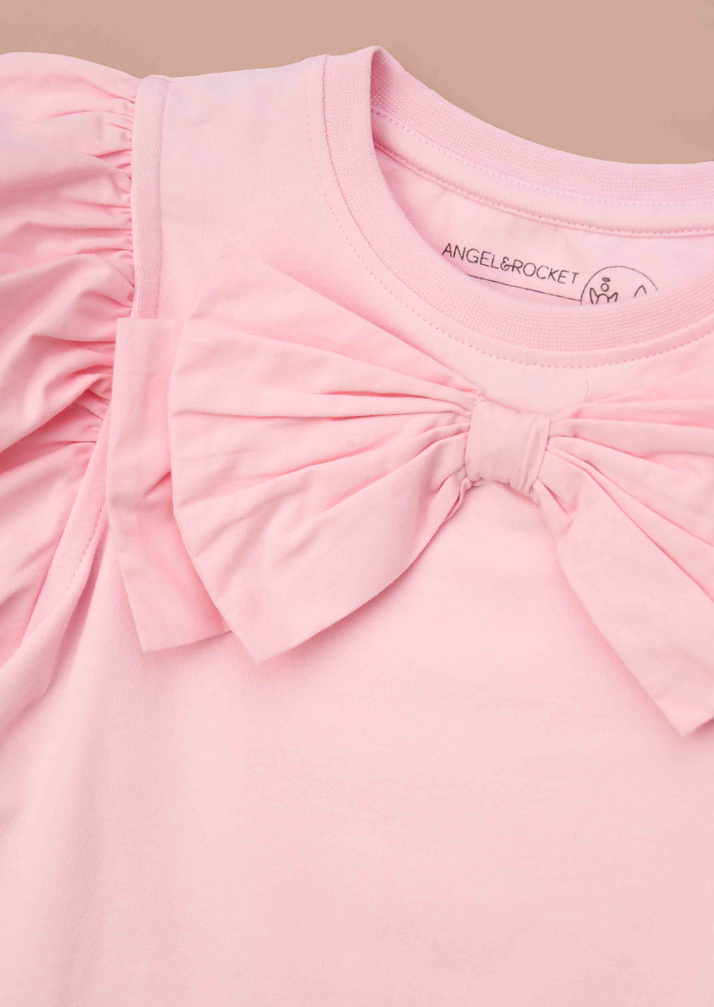 Round Neck Girls Pink Bow Puff Sleeve Top