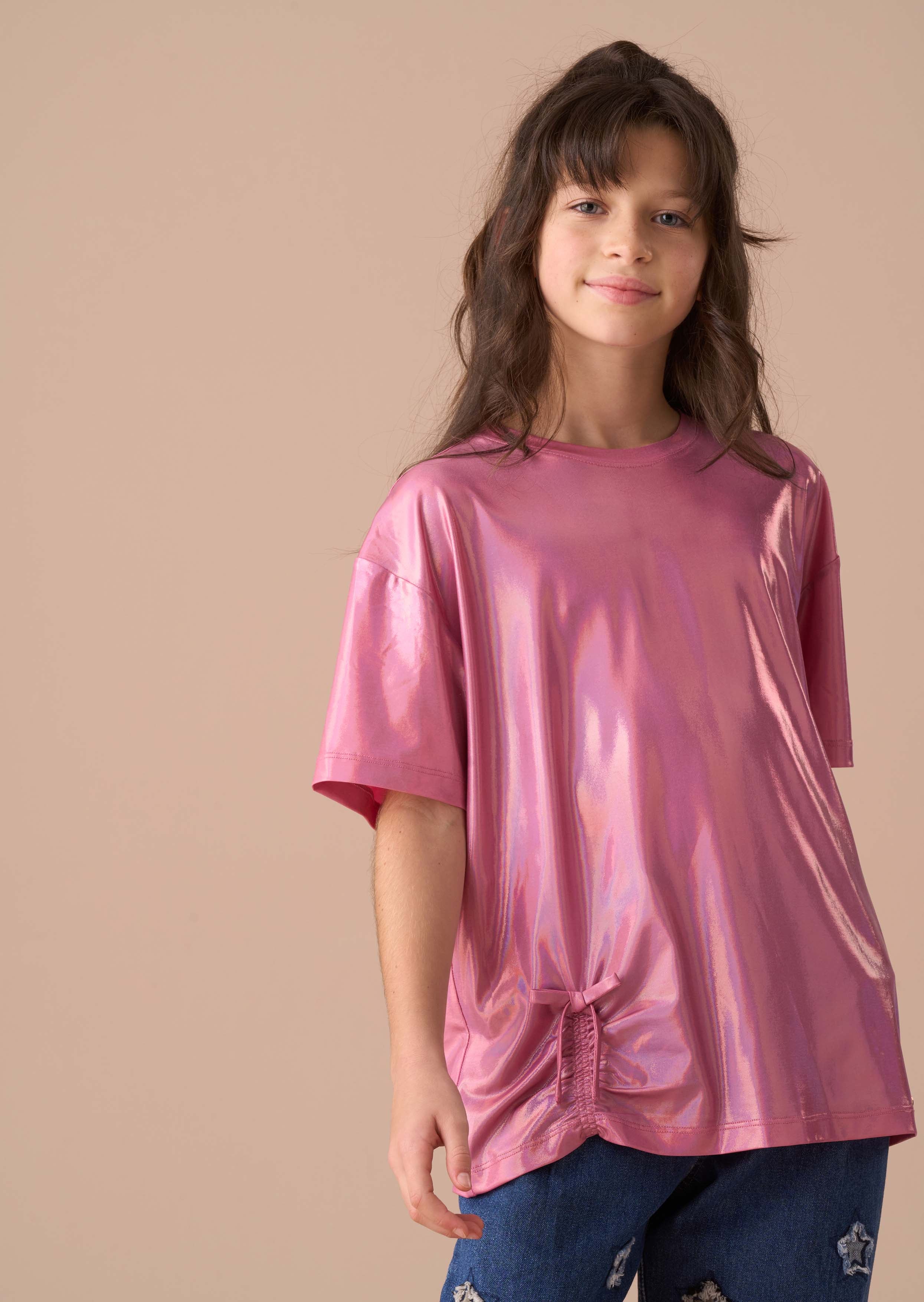 Short Sleeve Girls Pink Foil Jersey Top