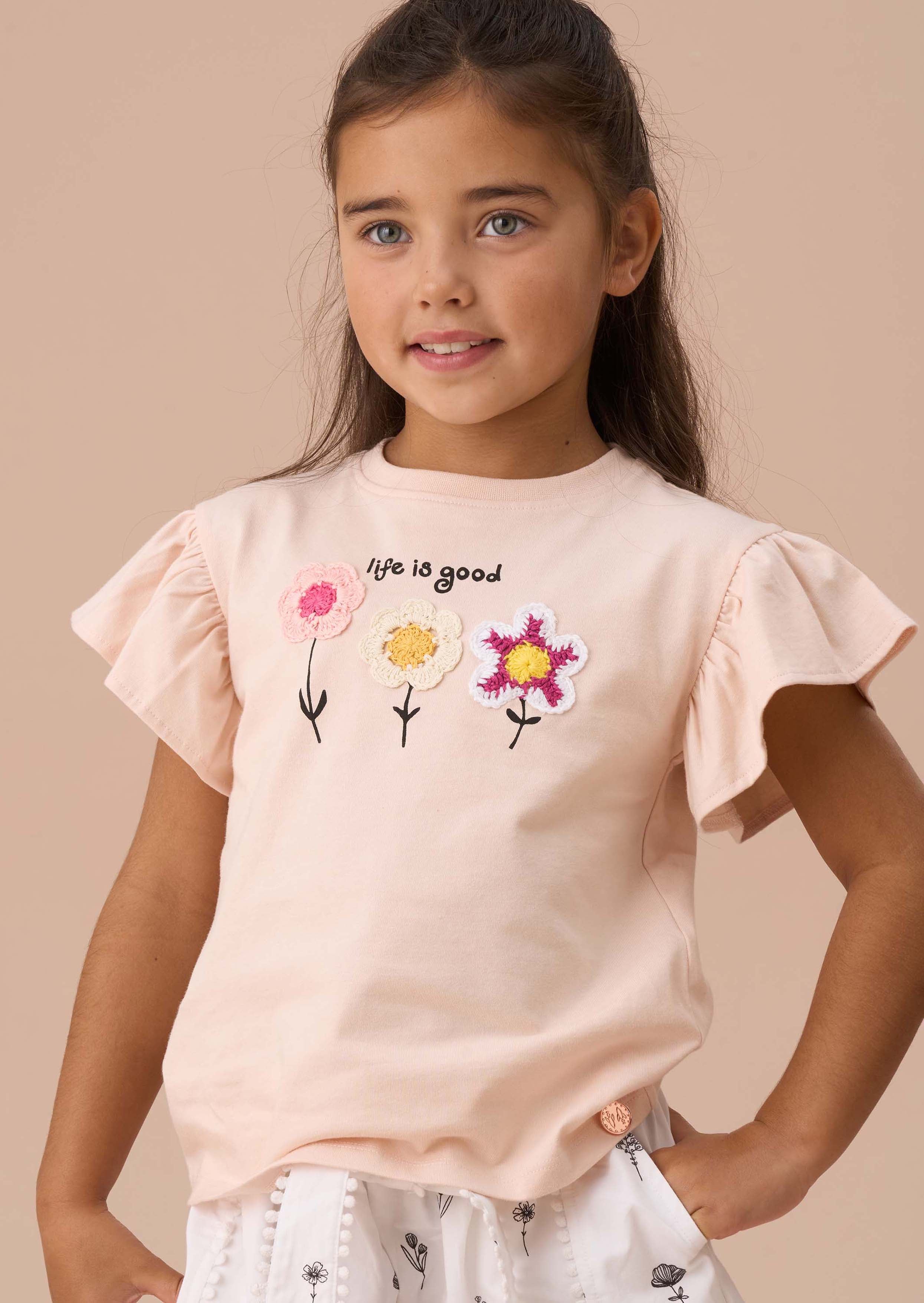 Girls Orange Crochet Flower T Shirt