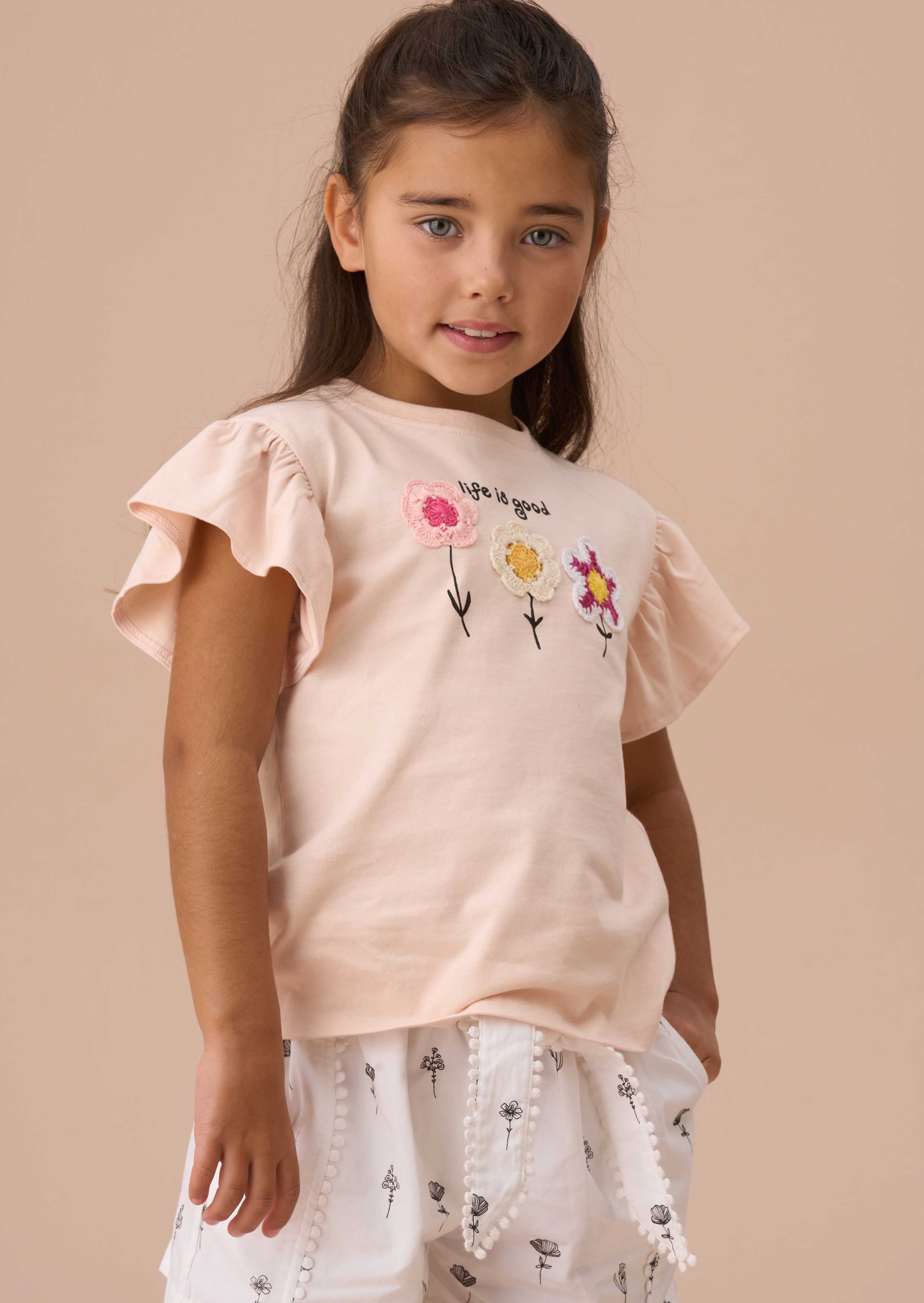 Online Girls Orange Crochet Flower T Shirt