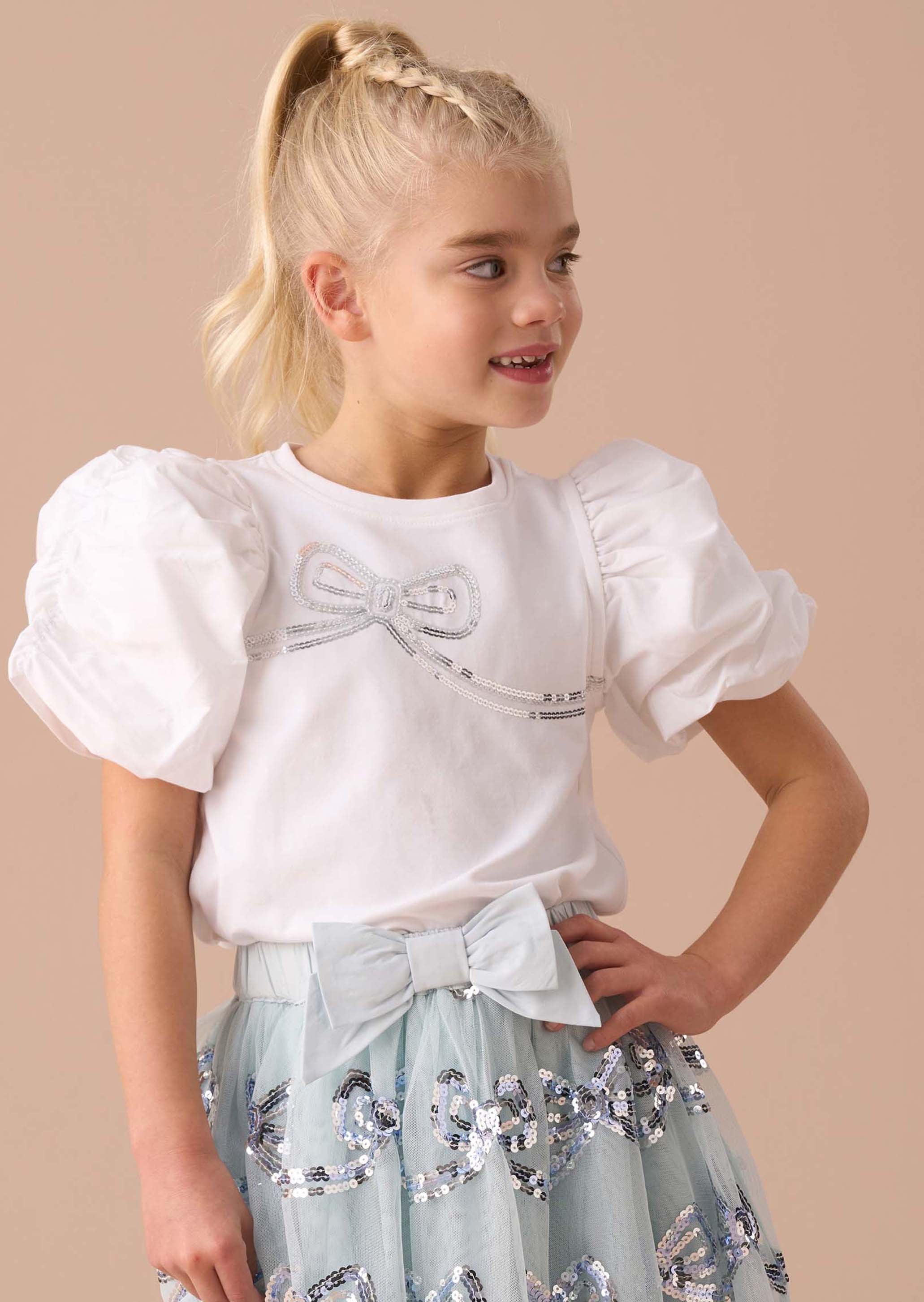 Girls White Puff Sleeve Top