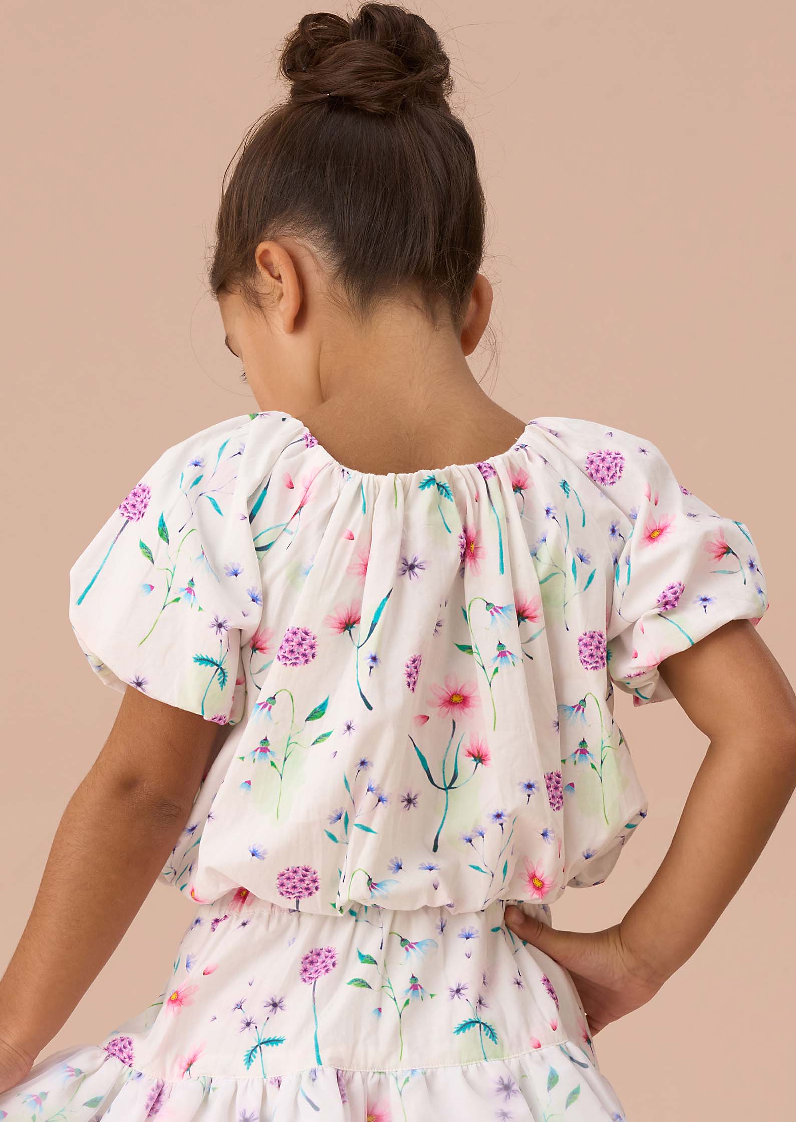 Short Sleeve Girls White Puff Ball Top