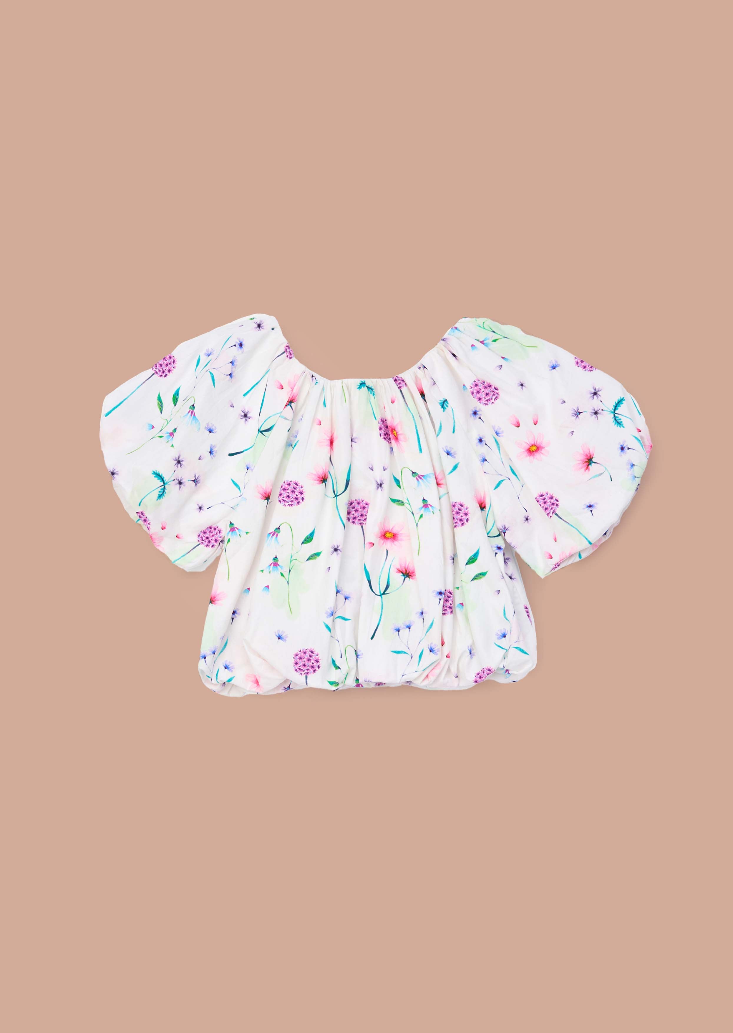Floral Girls White Puff Ball Top