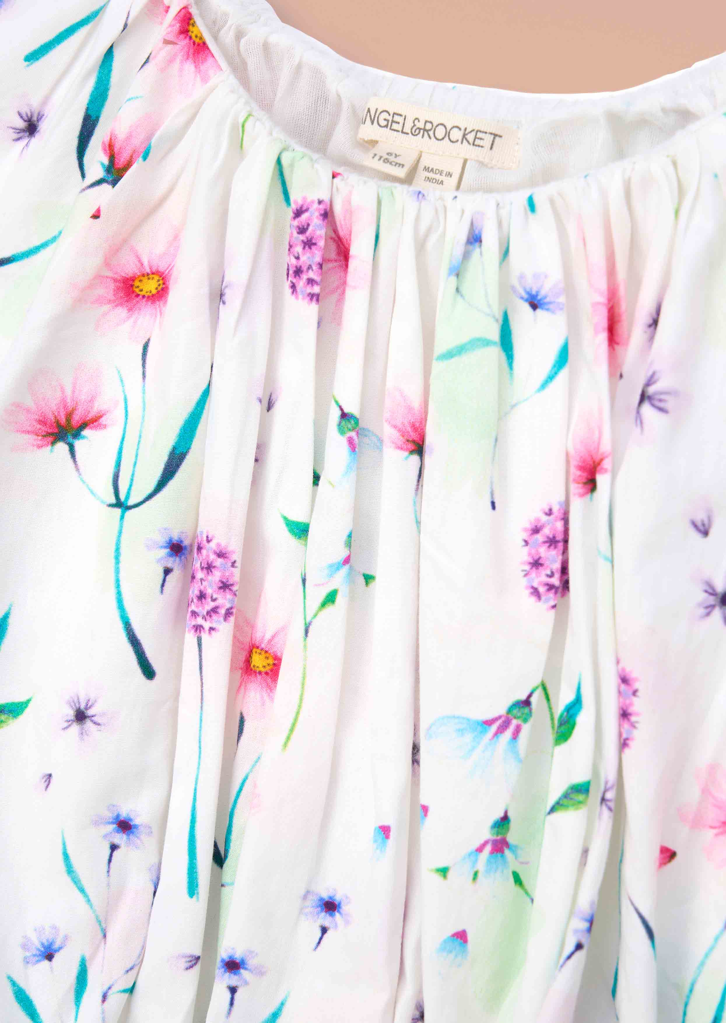 Printed Girls White Puff Ball Top