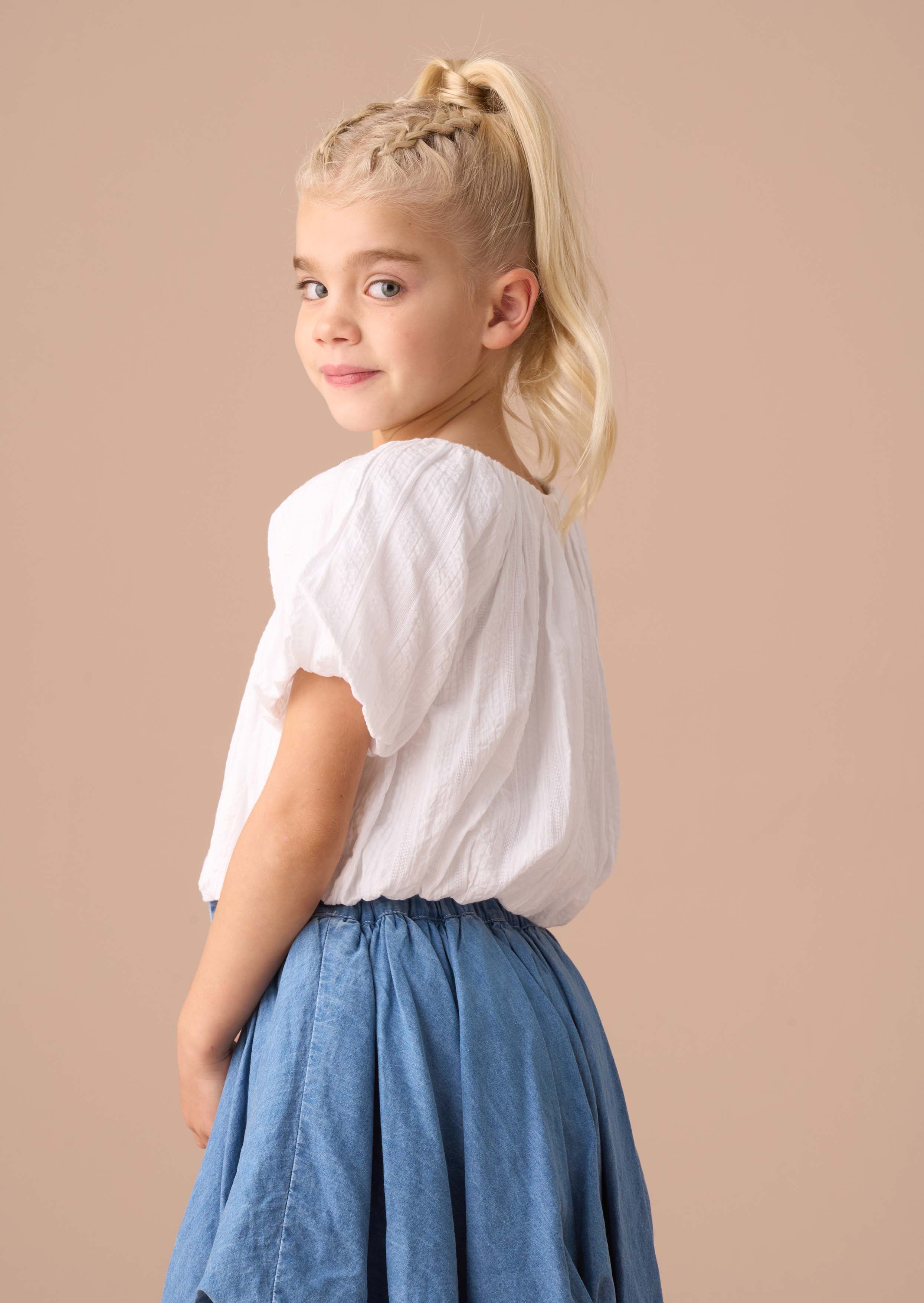 Short Sleeve Girls White Puffball Top