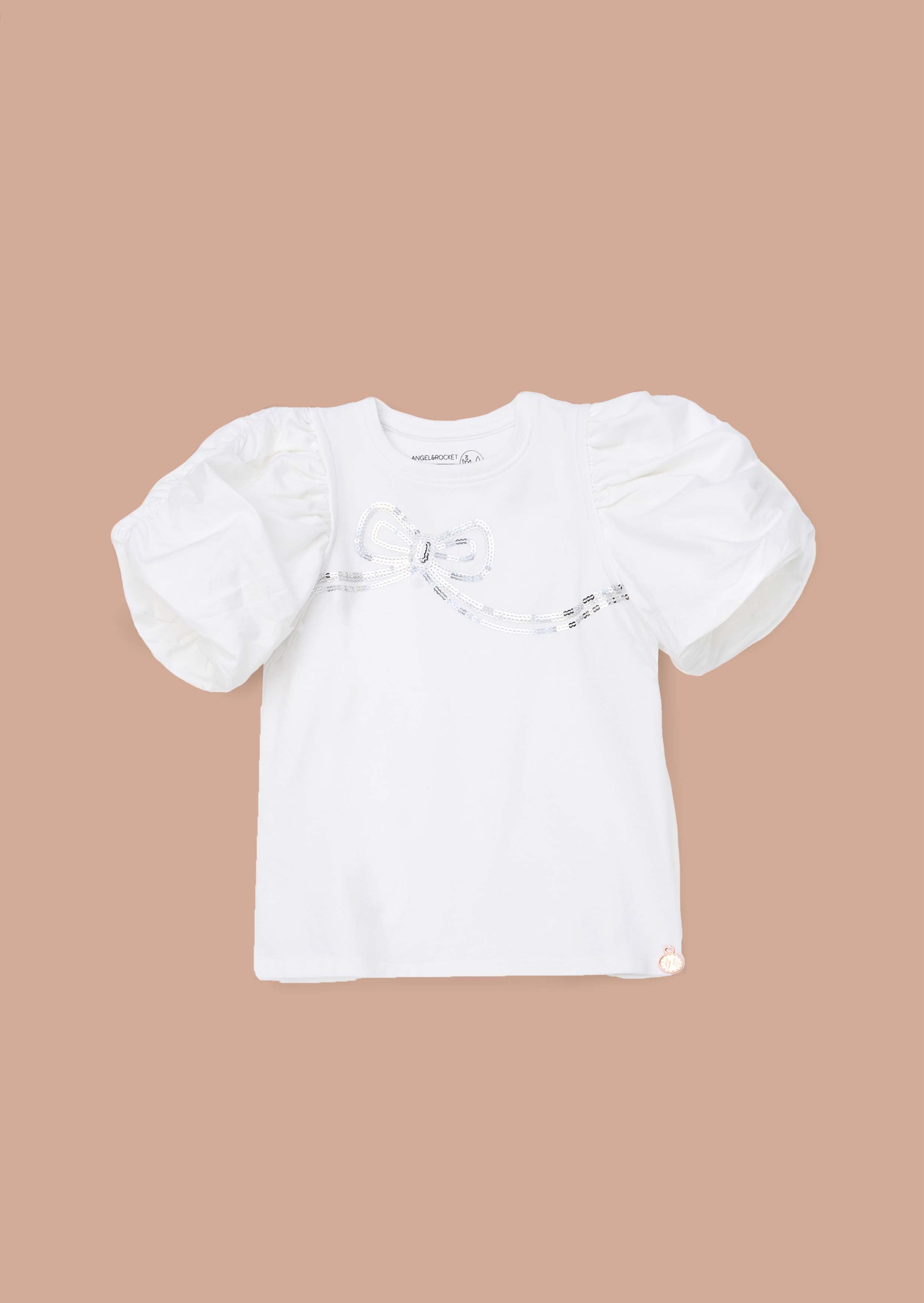 Sequins Girls White Puff Sleeve Top