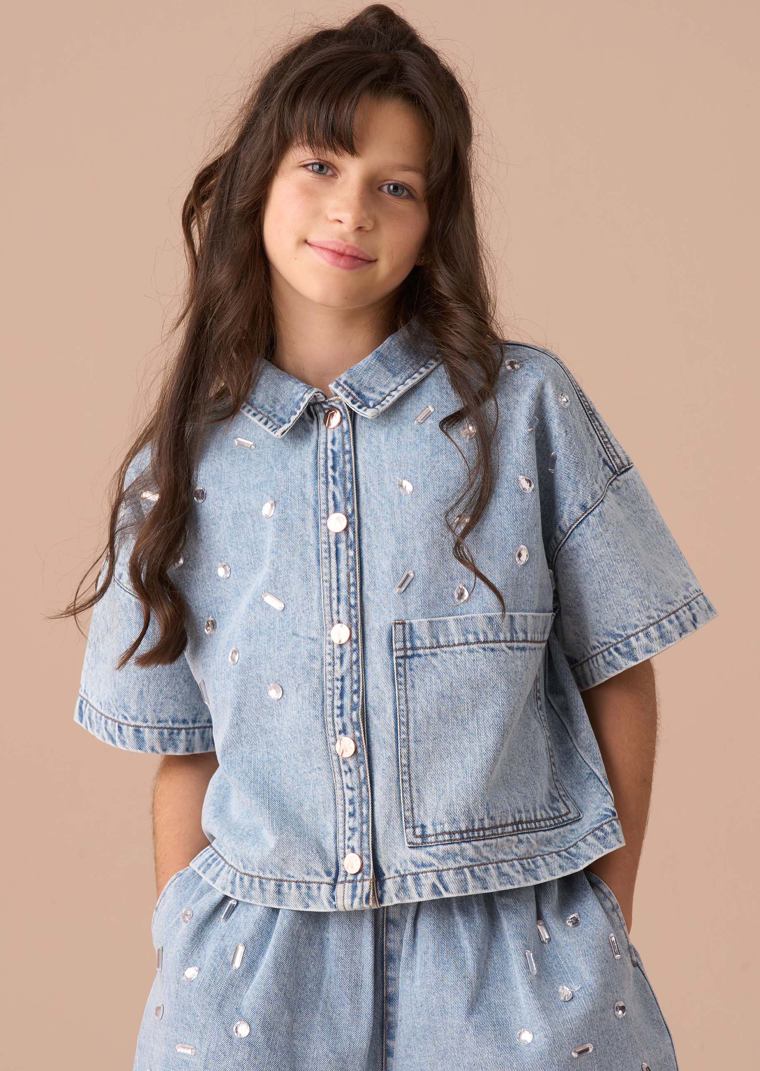 Girls Blue Short Sleeve Denim Shirt