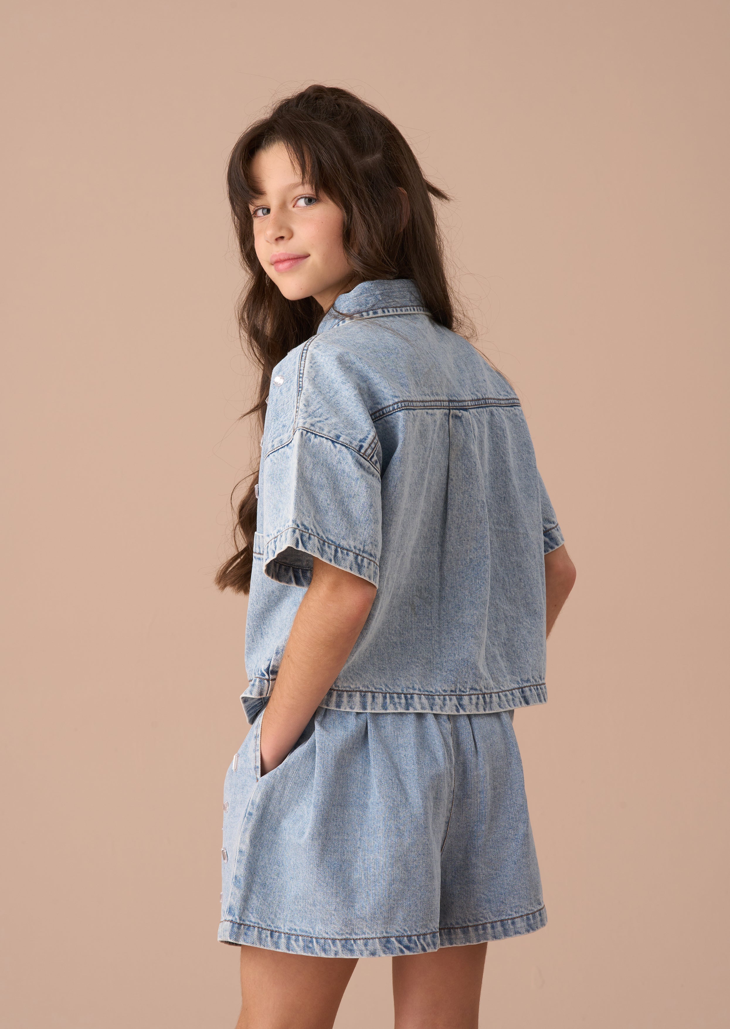 Online Girls Blue Short Sleeve Denim Shirt