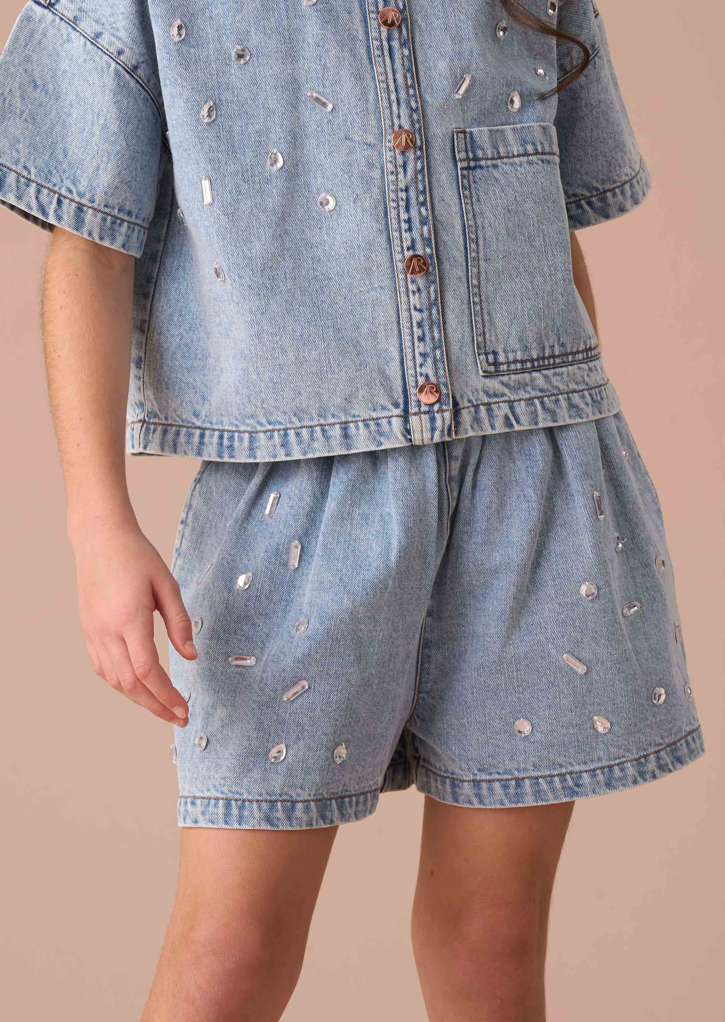 Girls Blue Short Sleeve Denim Shorts