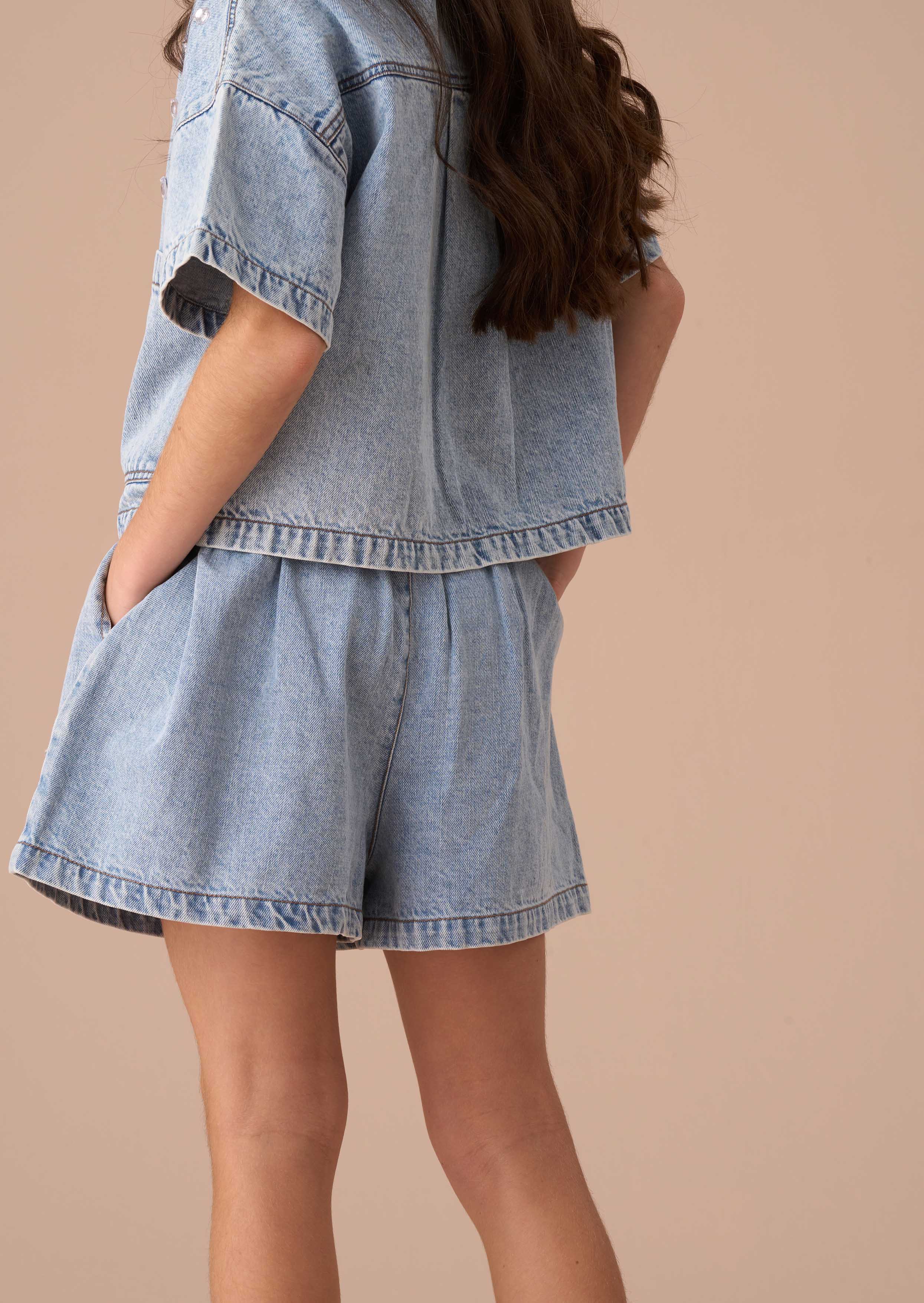 Navy Blue Girls Short Sleeve Denim Shorts