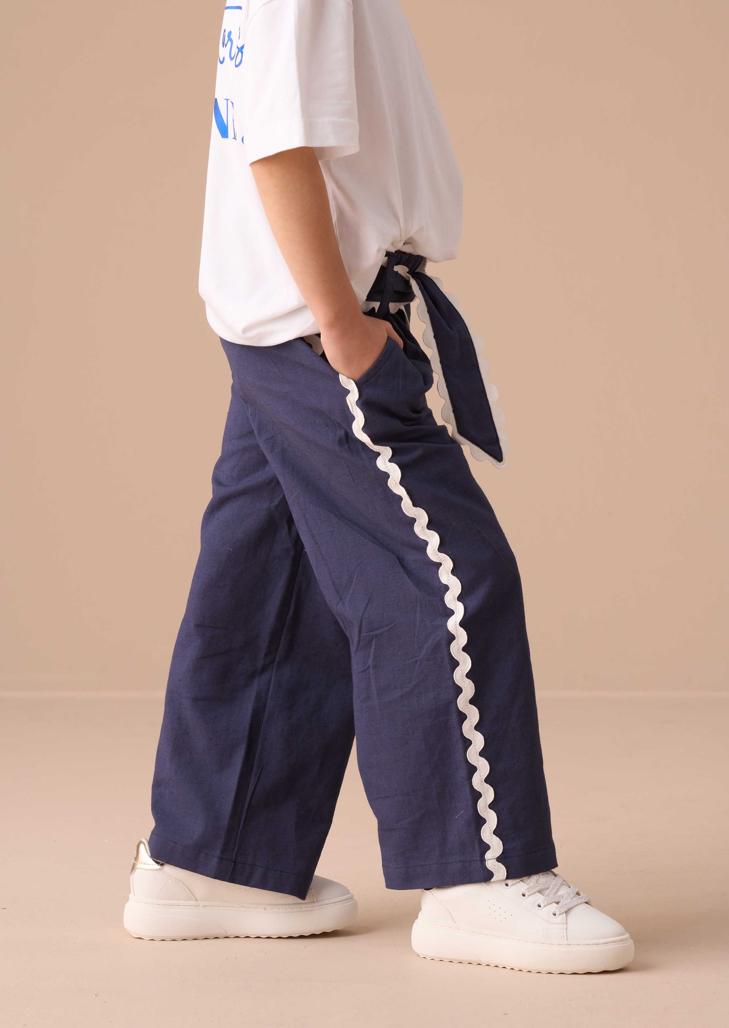 Wide Leg Girls Navy Linen Blend Trousers