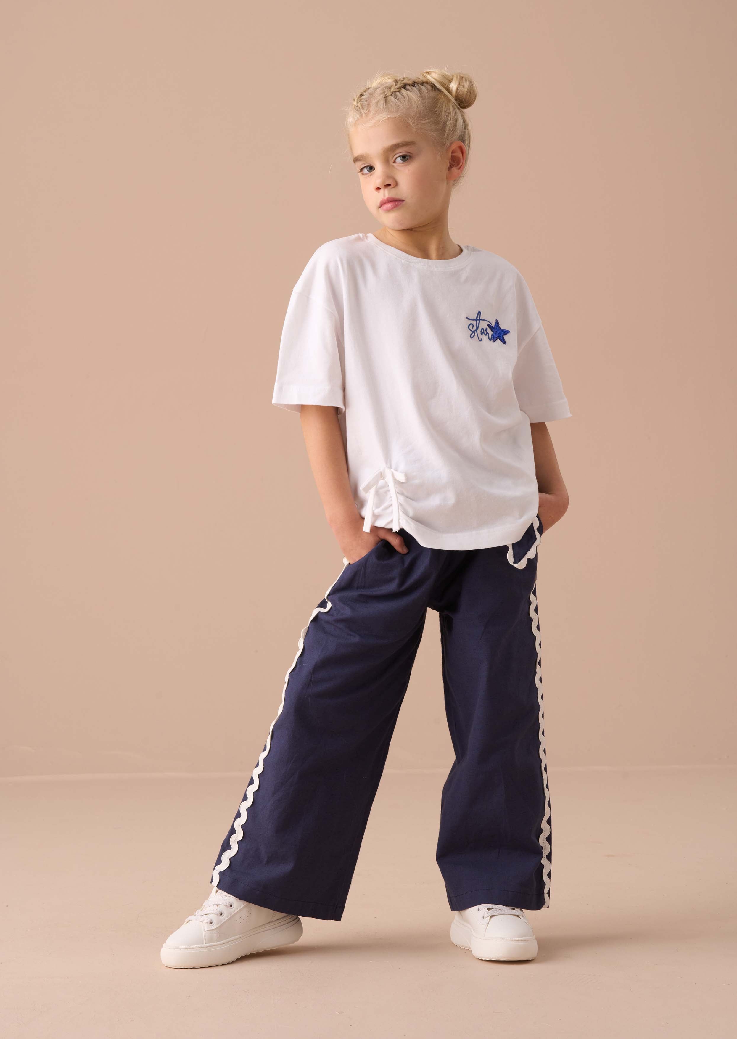 Navy Blue Girls Linen Blend Trousers