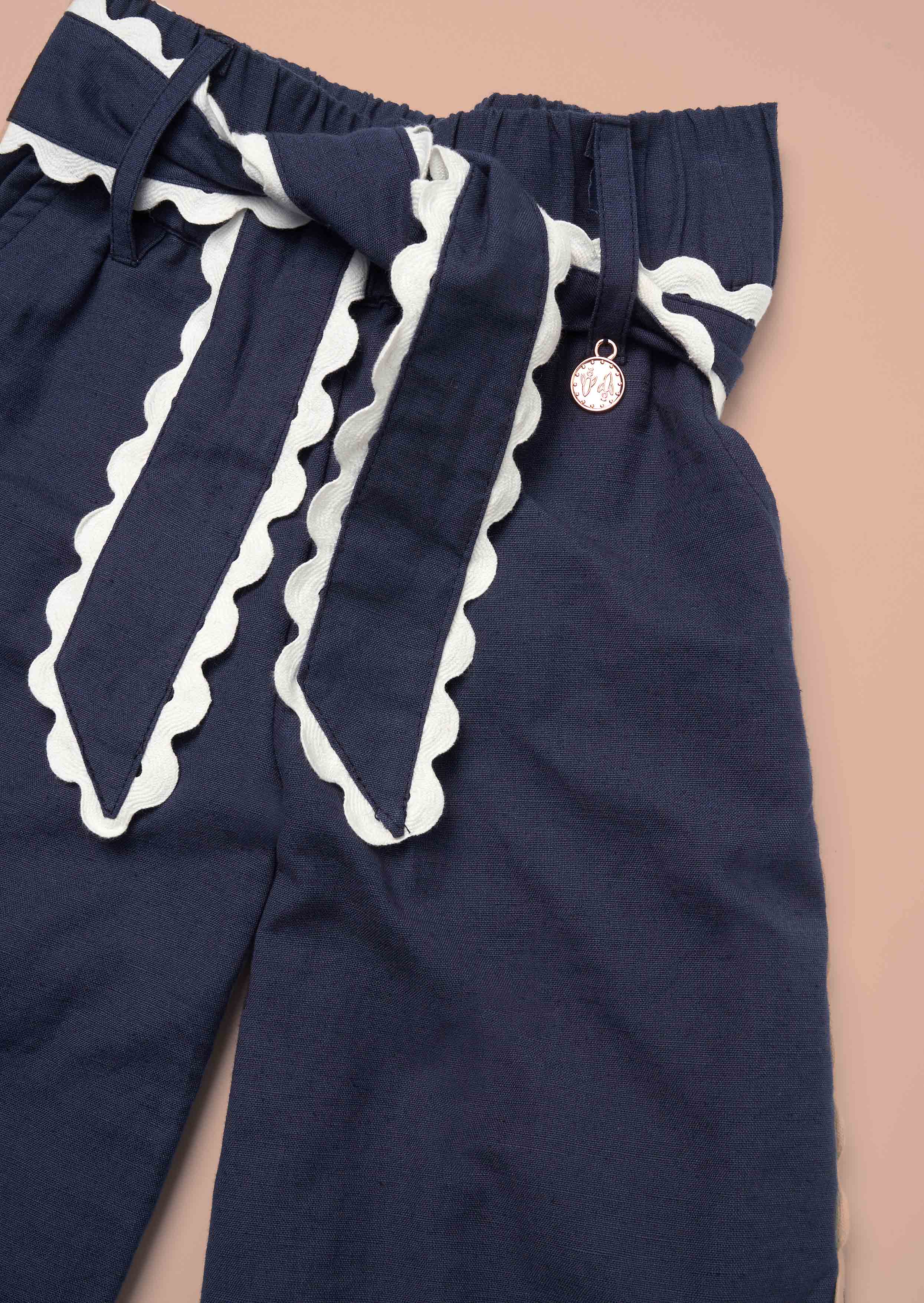 Belt Girls Navy Linen Blend Trousers