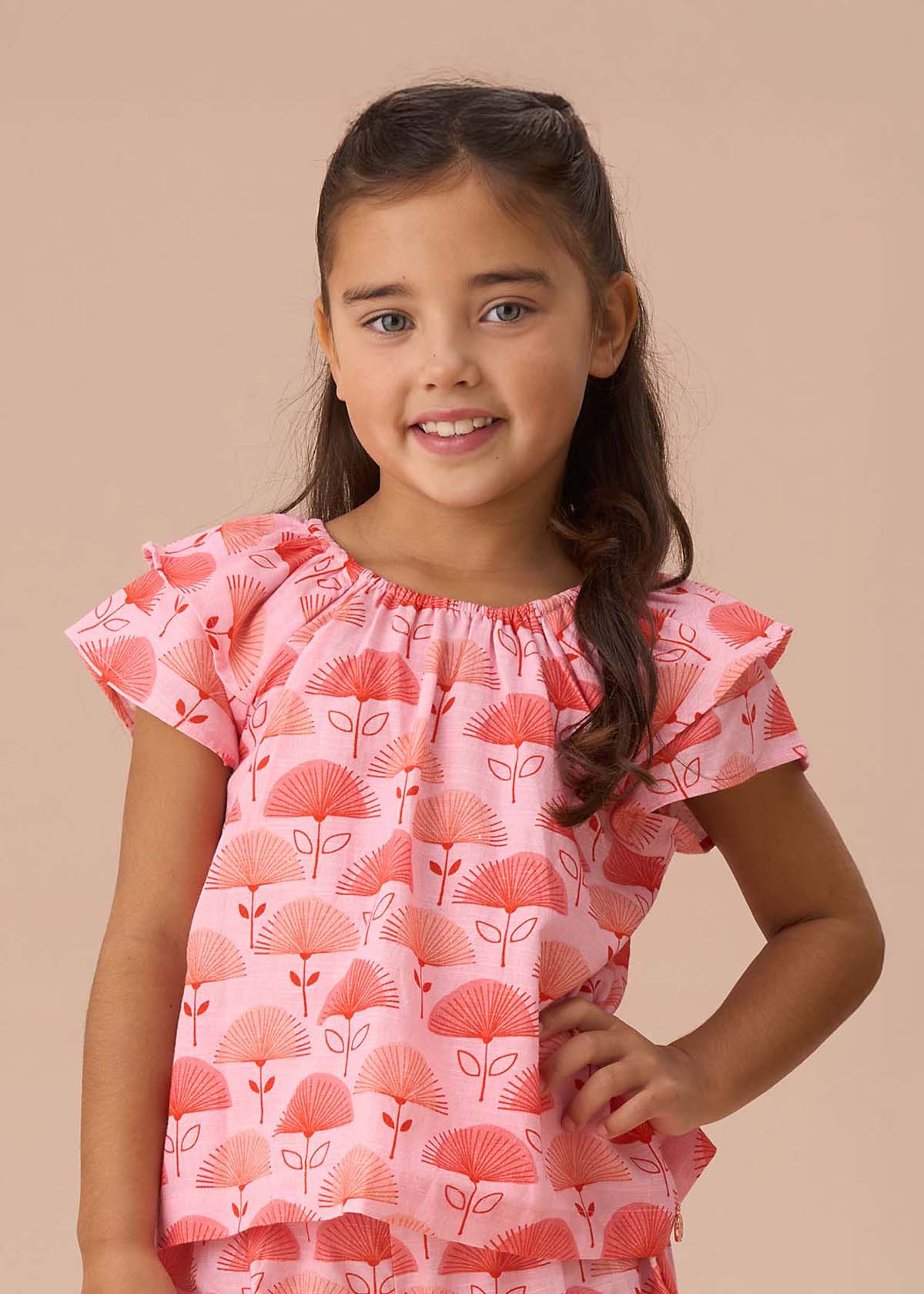 Girls Carman Pink Fan Floral Top