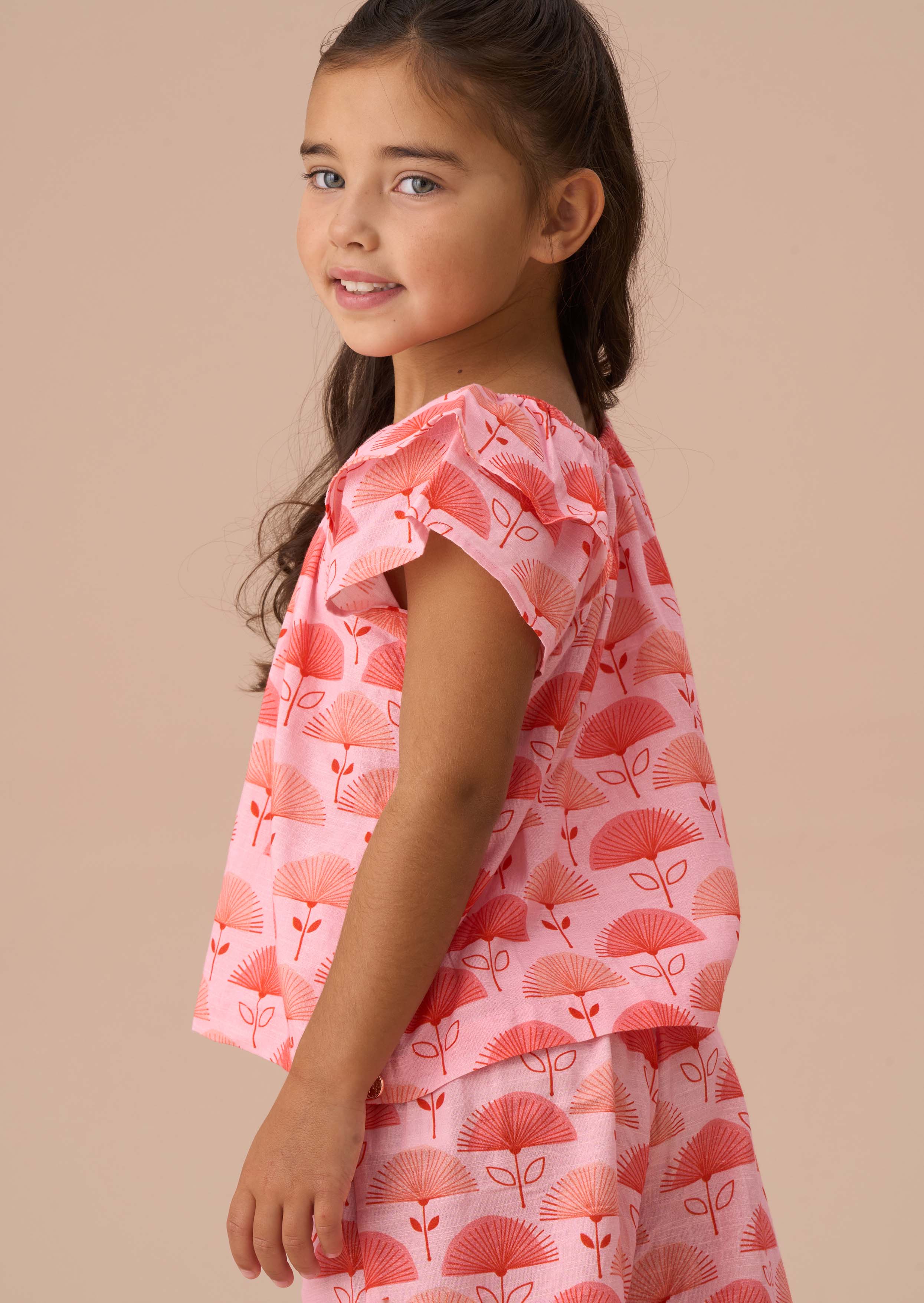 Printed Girls Carman Pink Fan Floral Top