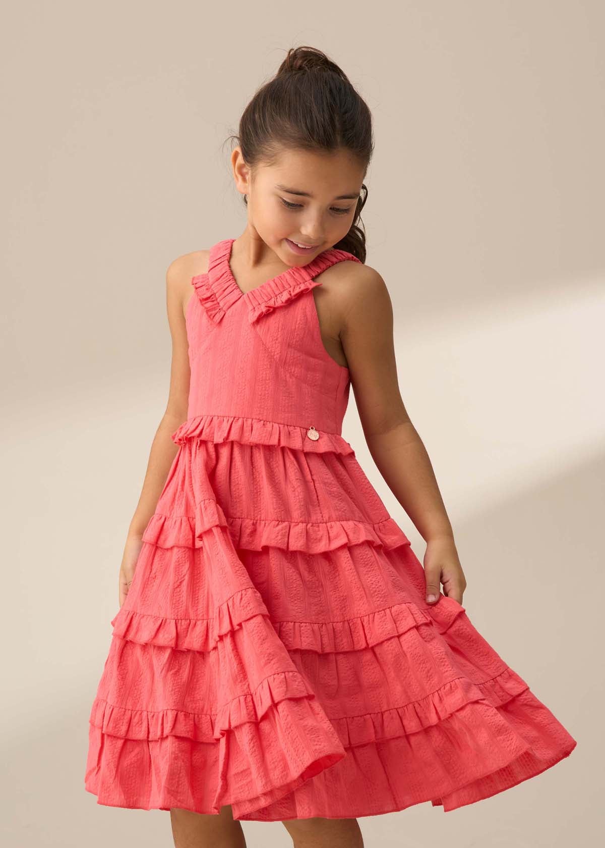 Girl Coral Tiered Frill Dress